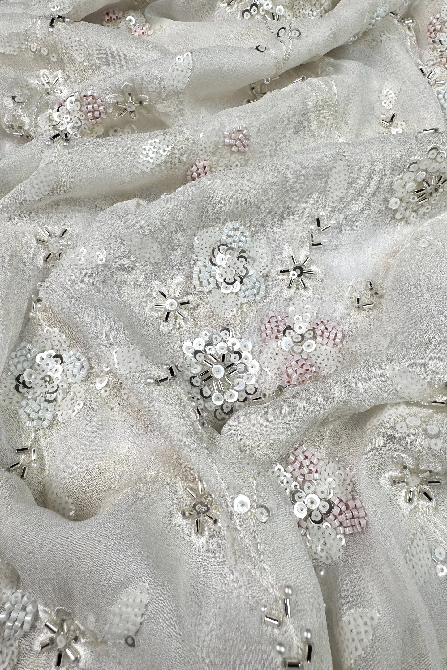 Ivory Sequin & Bead Embroidered Viscose Georgette Fabric