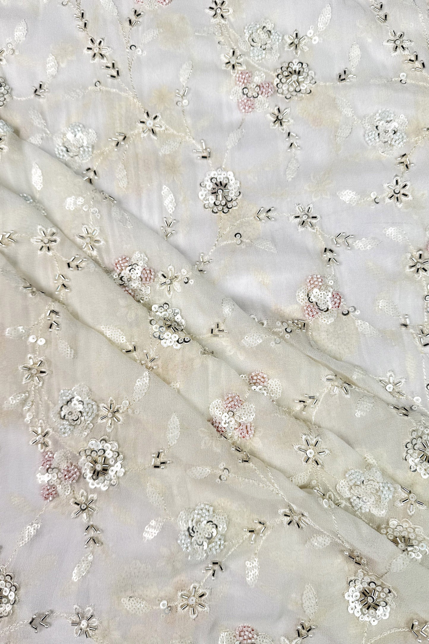 Ivory Sequin & Bead Embroidered Viscose Georgette Fabric