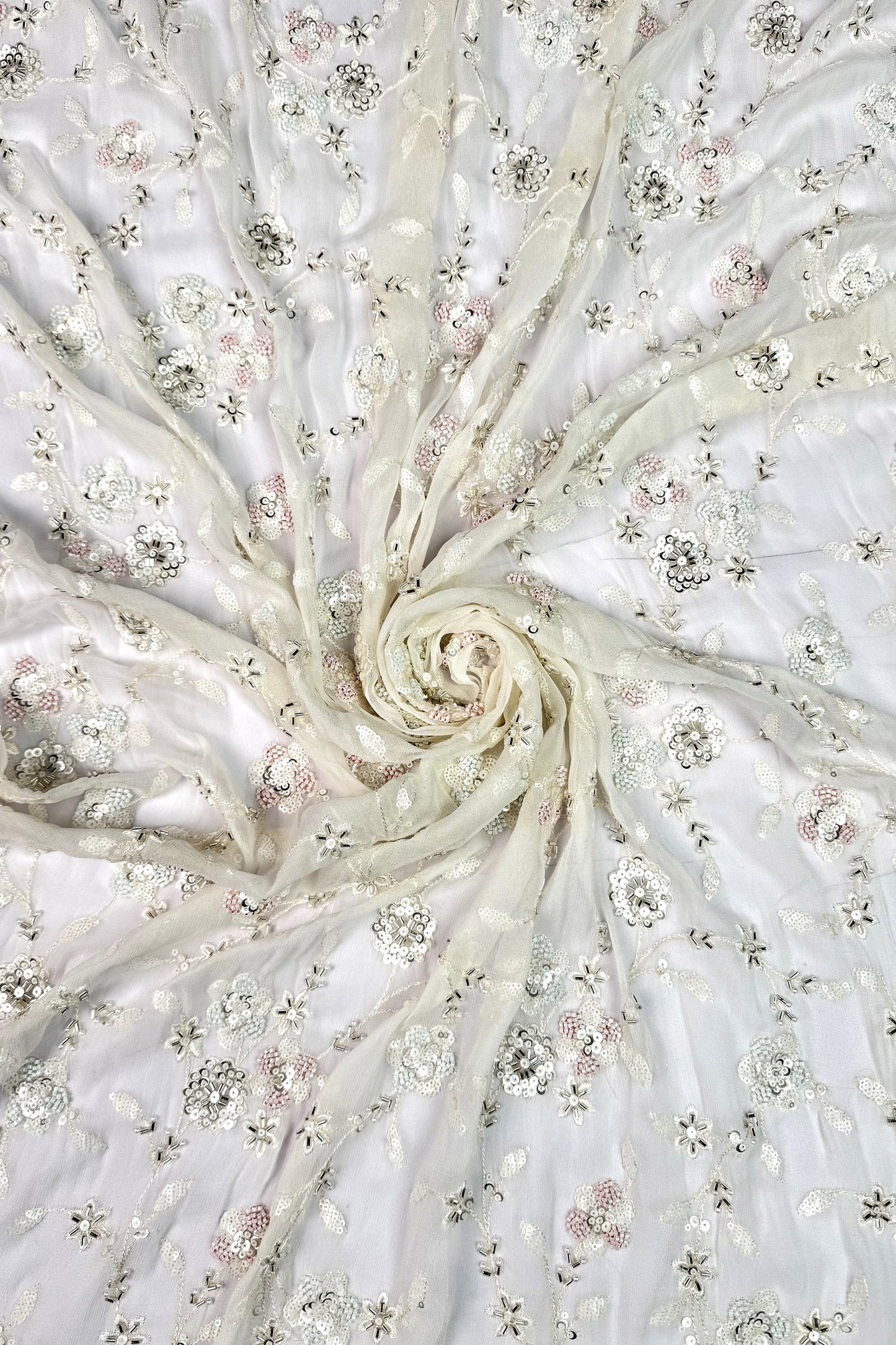 Ivory Sequin & Bead Embroidered Viscose Georgette Fabric