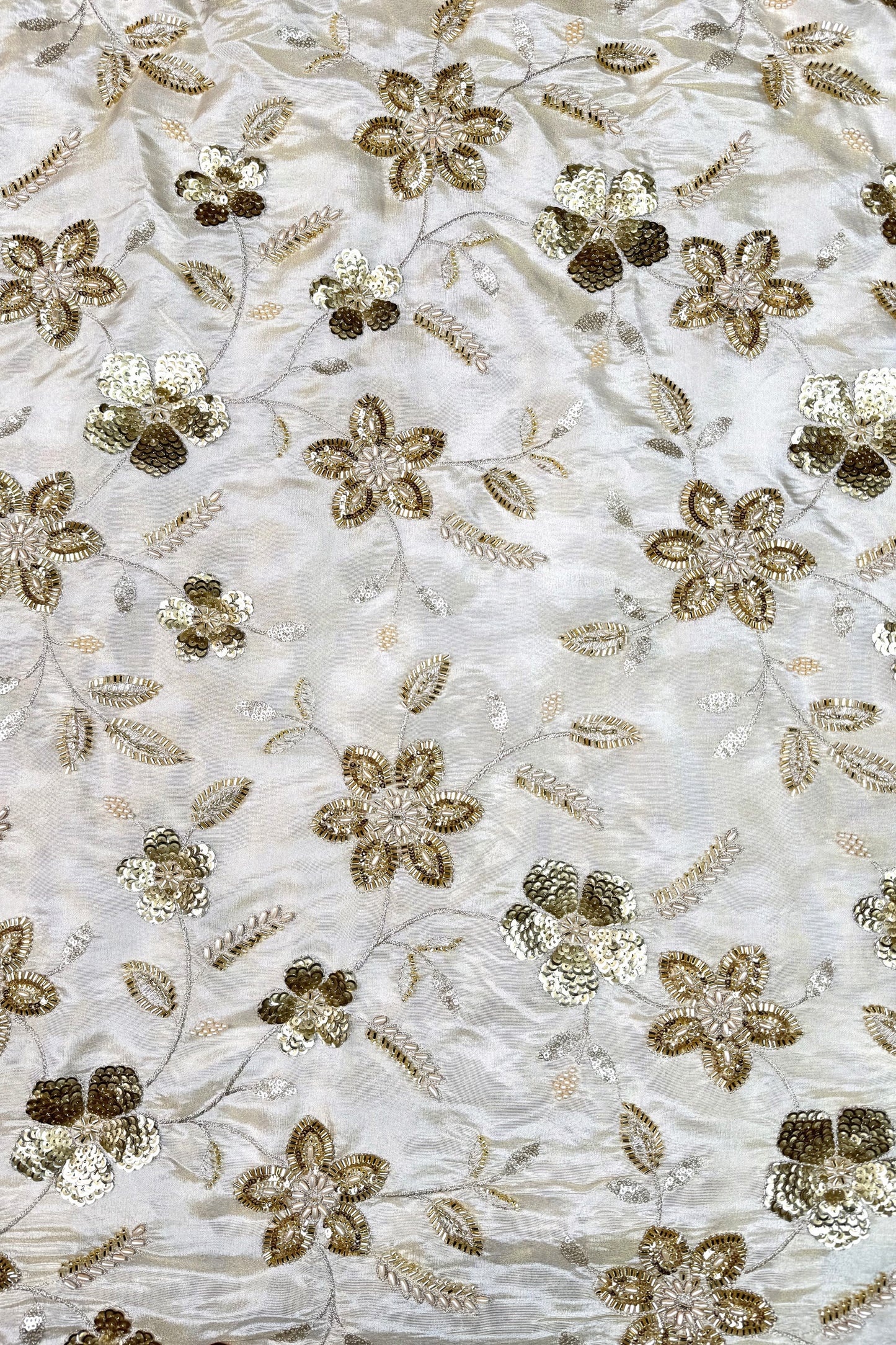 Ivory Floral Hand-Embroidered Tissue Fabric with Sequins & Beads
