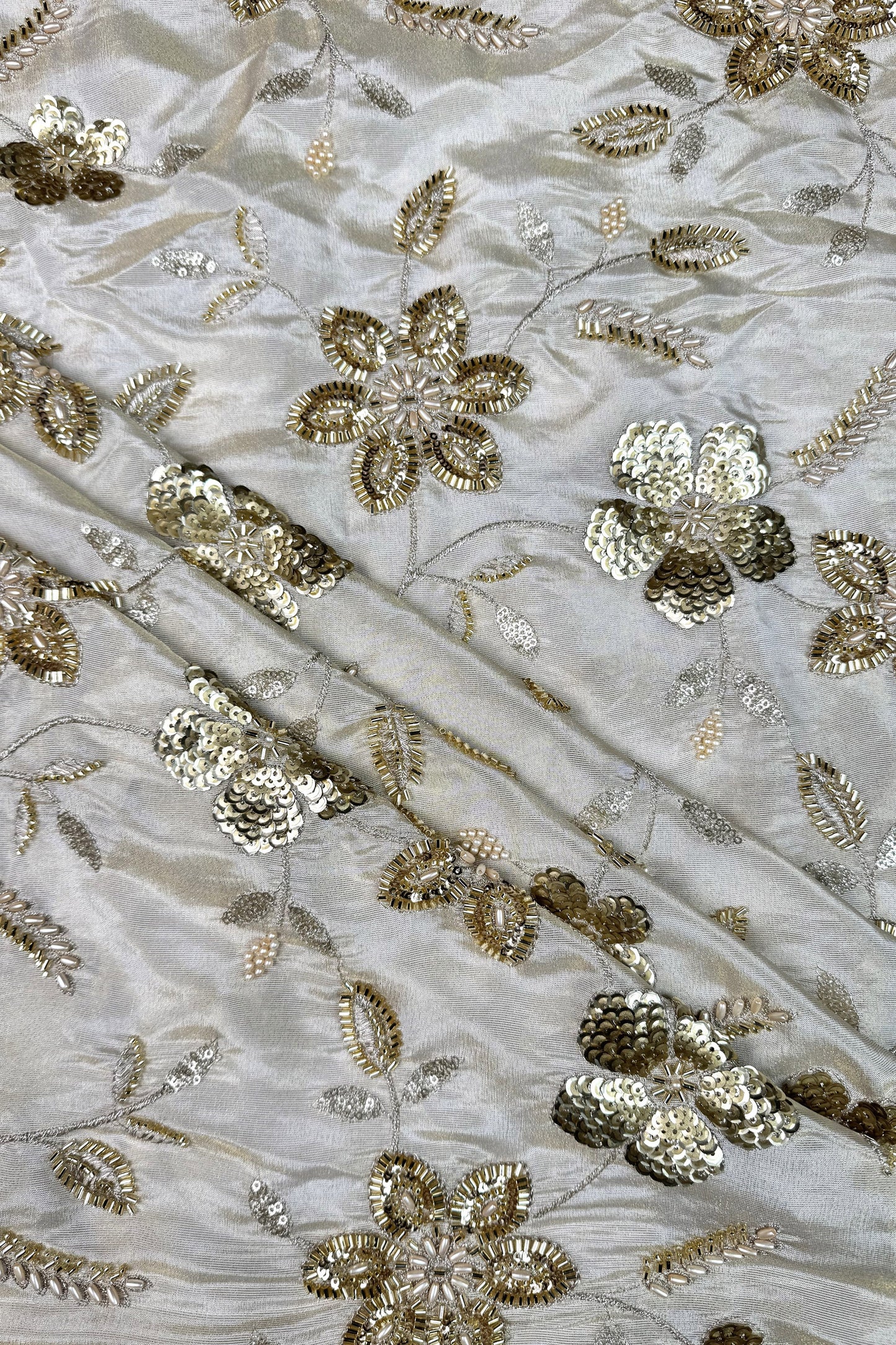 Ivory Floral Hand-Embroidered Tissue Fabric with Sequins & Beads