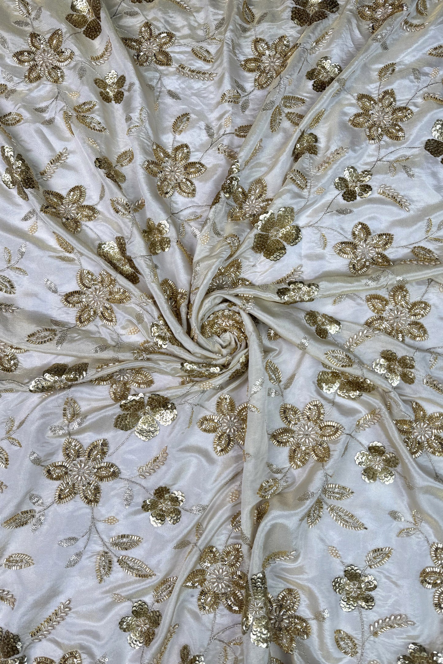 Ivory Floral Hand-Embroidered Tissue Fabric with Sequins & Beads
