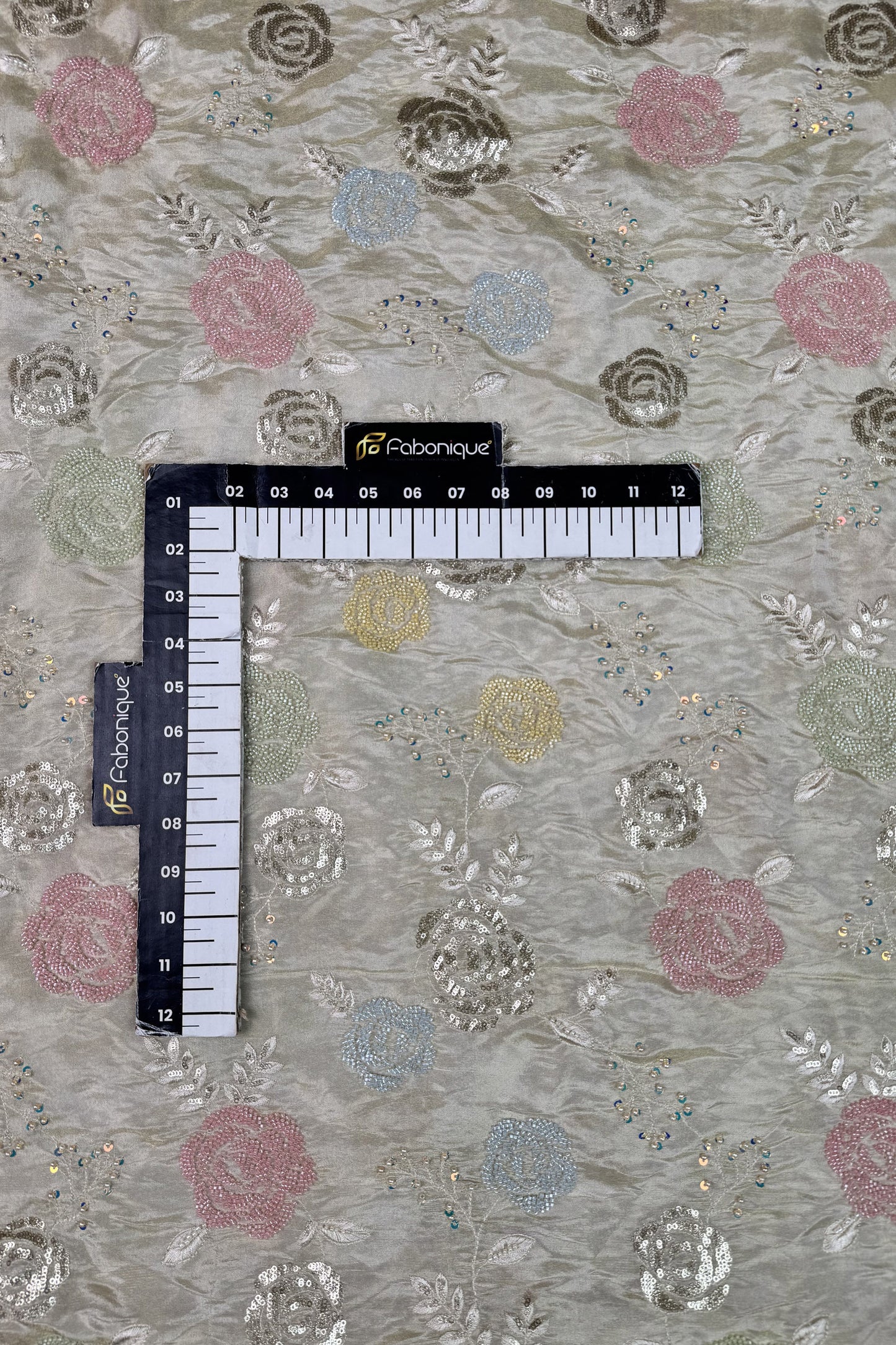 Pastel Rose Bead Embroidered Tissue Fabric