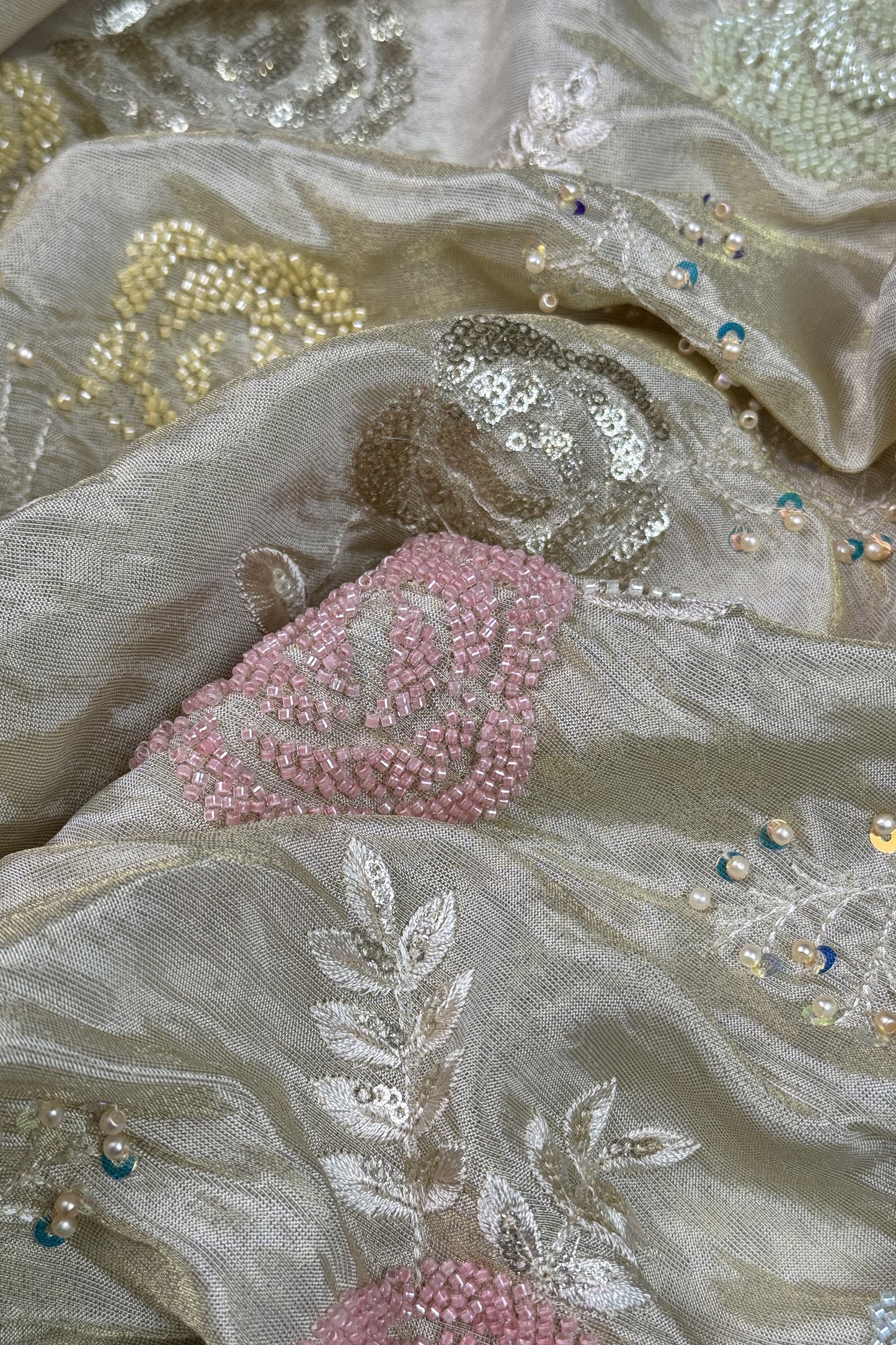 Pastel Rose Bead Embroidered Tissue Fabric