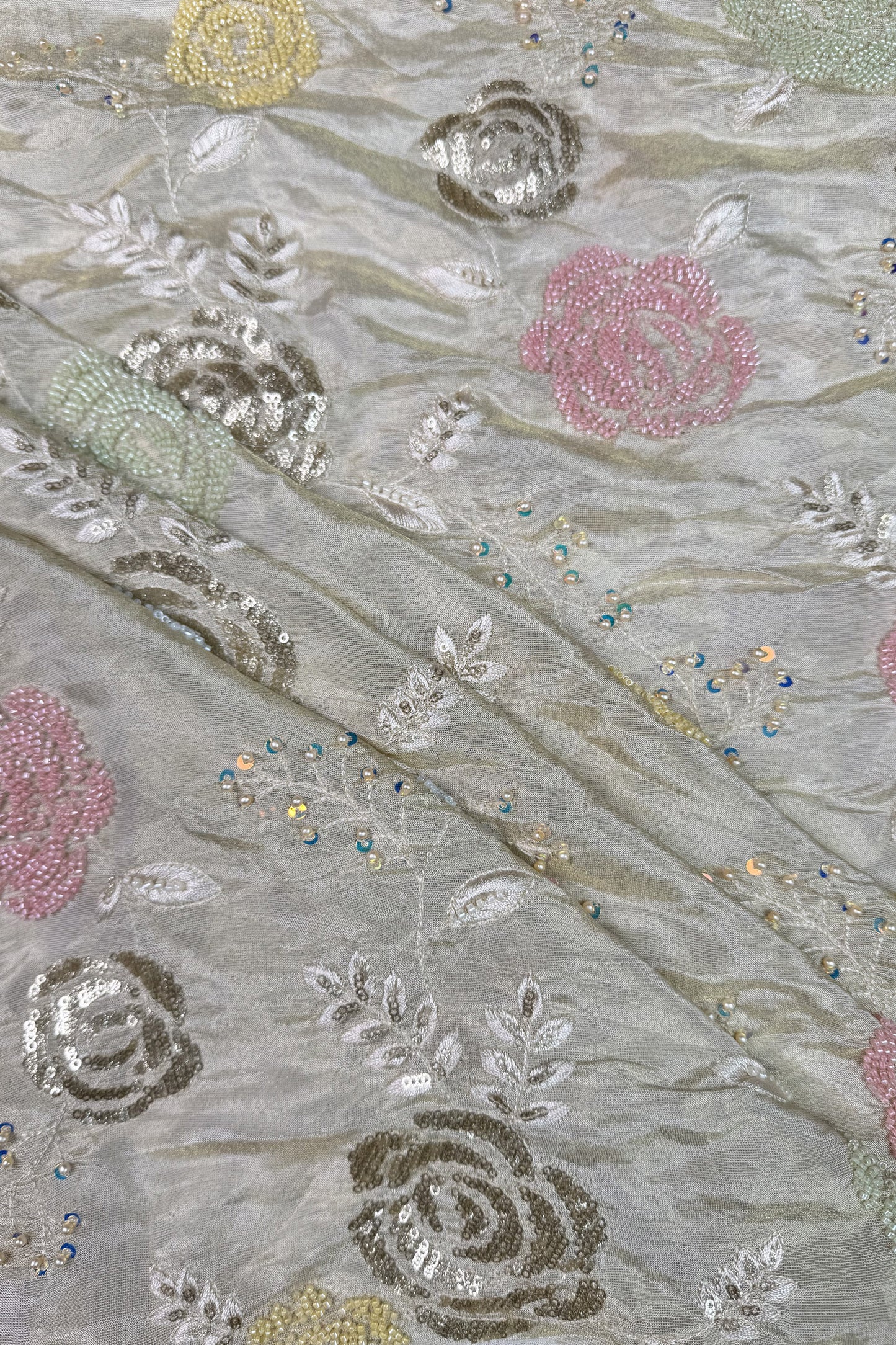 Pastel Rose Bead Embroidered Tissue Fabric
