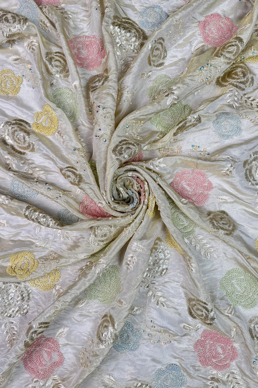 Pastel Rose Bead Embroidered Tissue Fabric