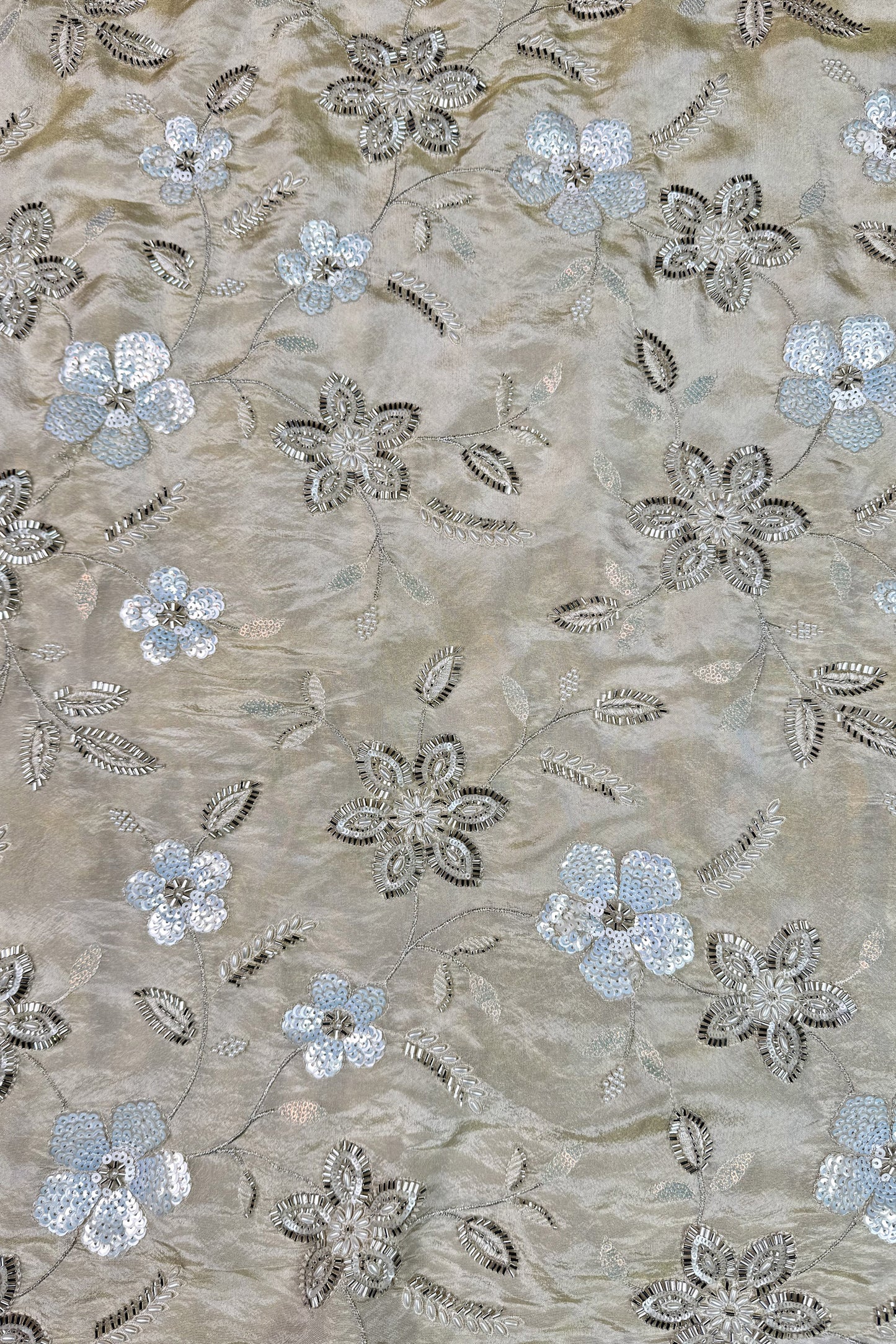 Ivory Floral Hand-Embroidered Tissue Fabric with Sequins & Beads