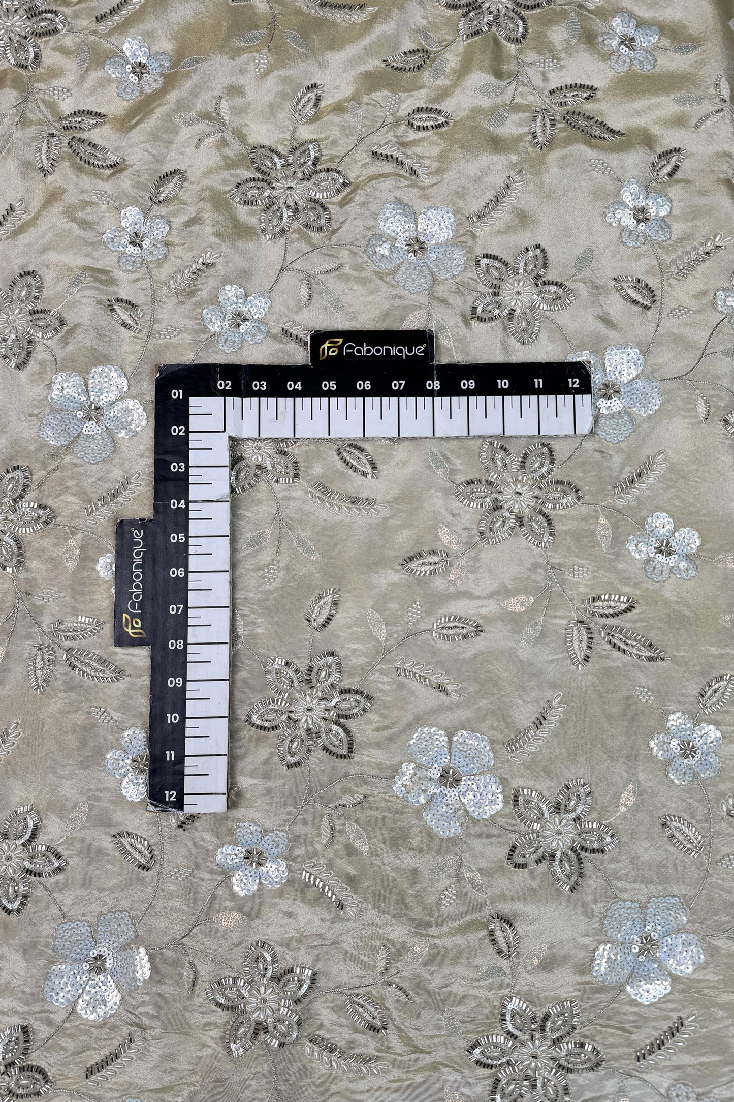 Ivory Floral Hand-Embroidered Tissue Fabric with Sequins & Beads
