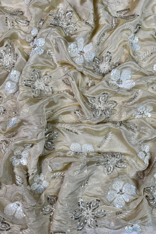 Ivory Floral Hand-Embroidered Tissue Fabric with Sequins & Beads