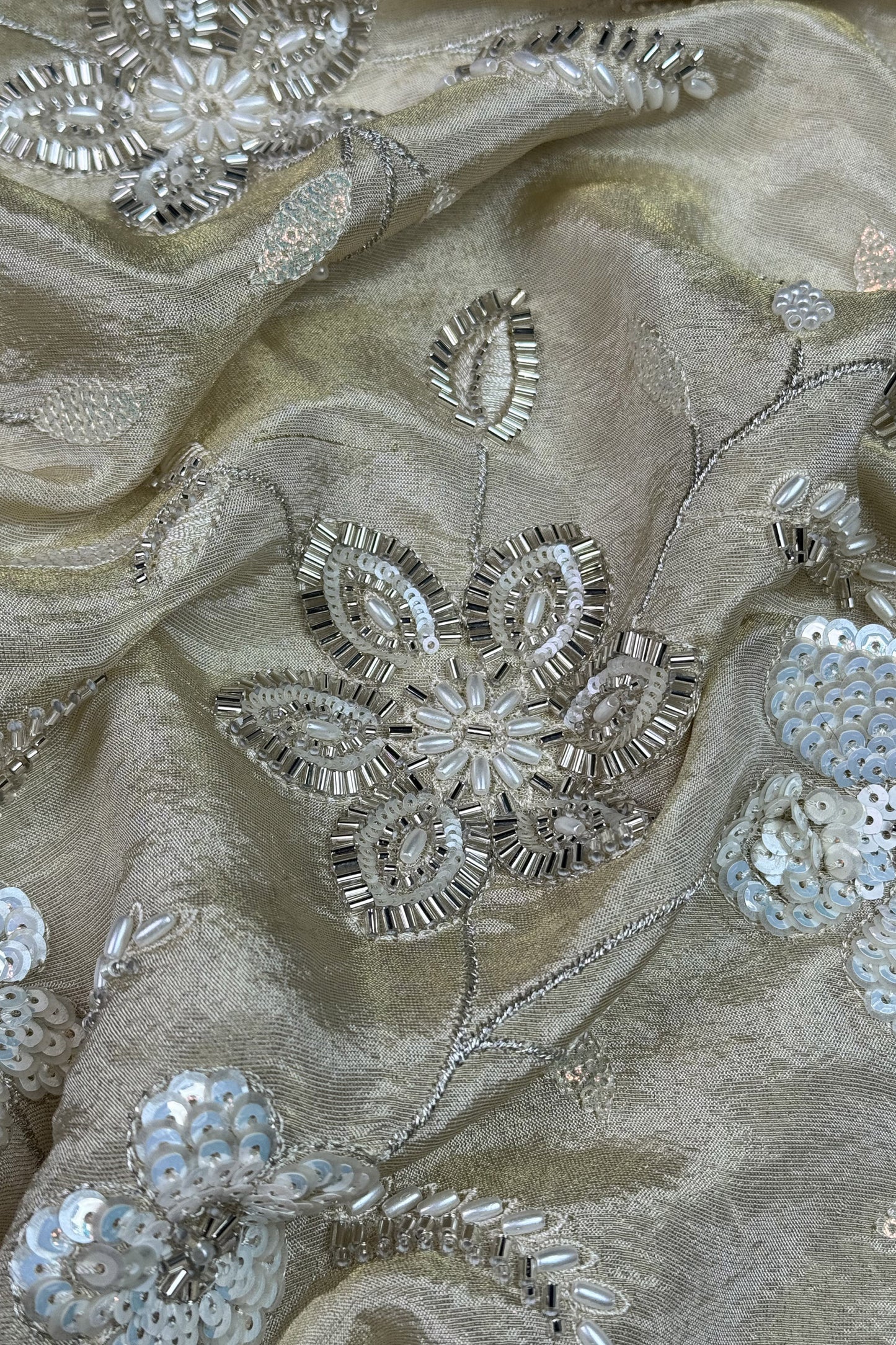 Ivory Floral Hand-Embroidered Tissue Fabric with Sequins & Beads