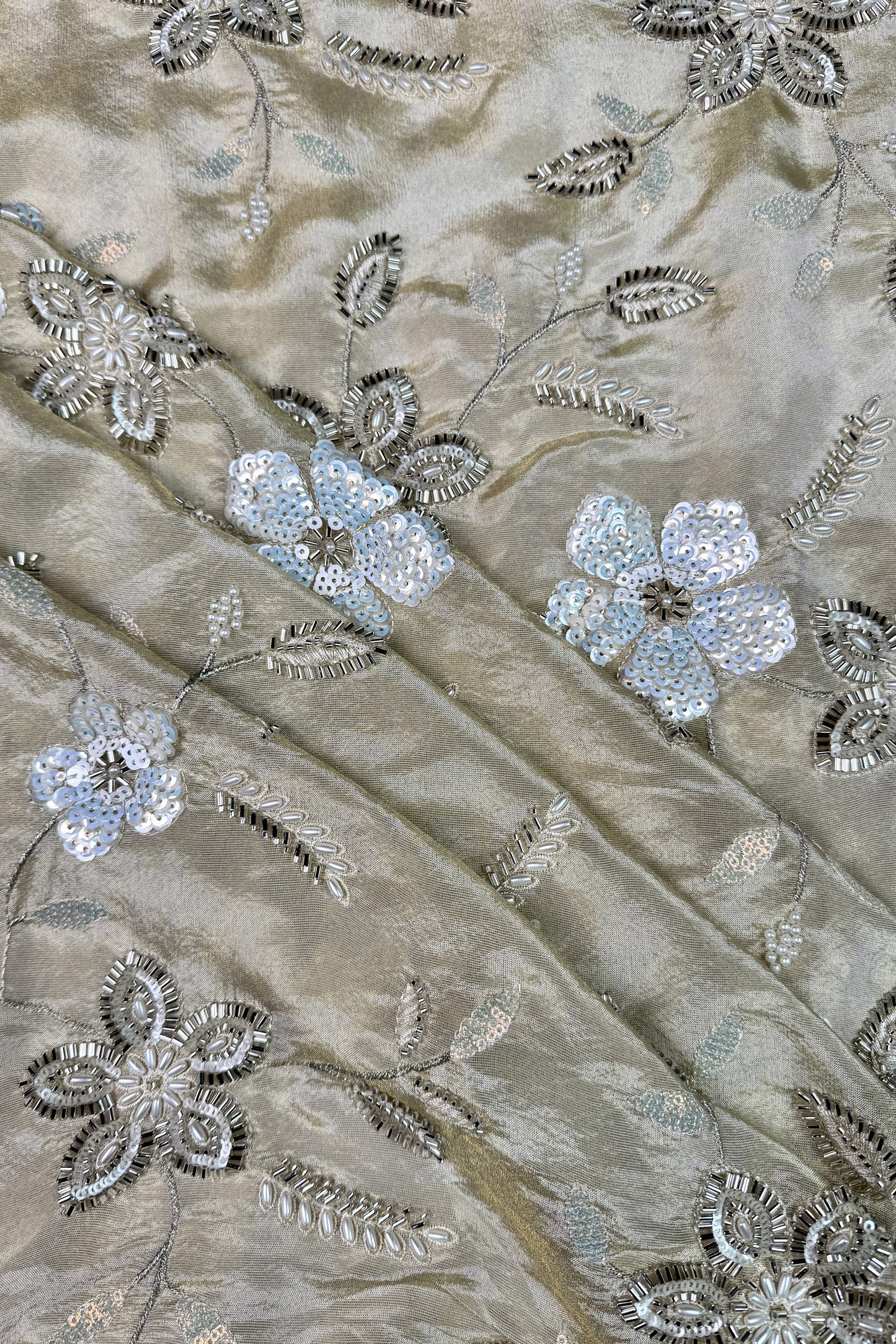 Ivory Floral Hand-Embroidered Tissue Fabric with Sequins & Beads