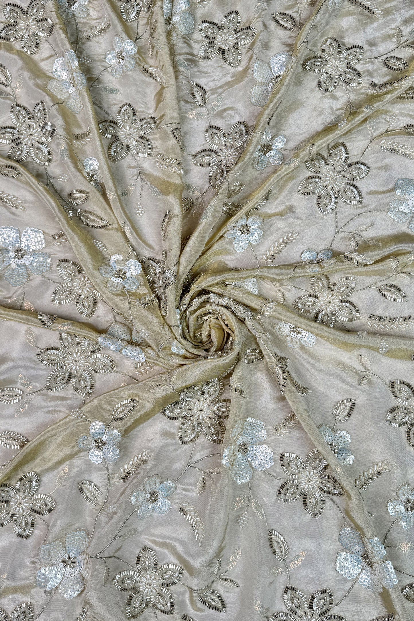 Ivory Floral Hand-Embroidered Tissue Fabric with Sequins & Beads