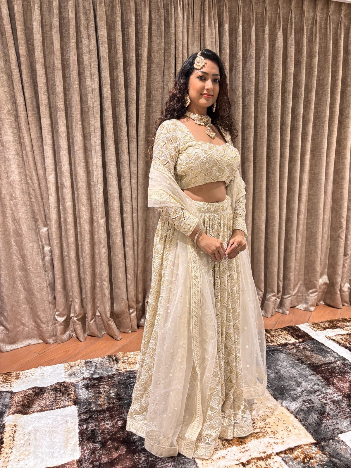 Gold Floral Embroidered Net Fabric with Cutwork