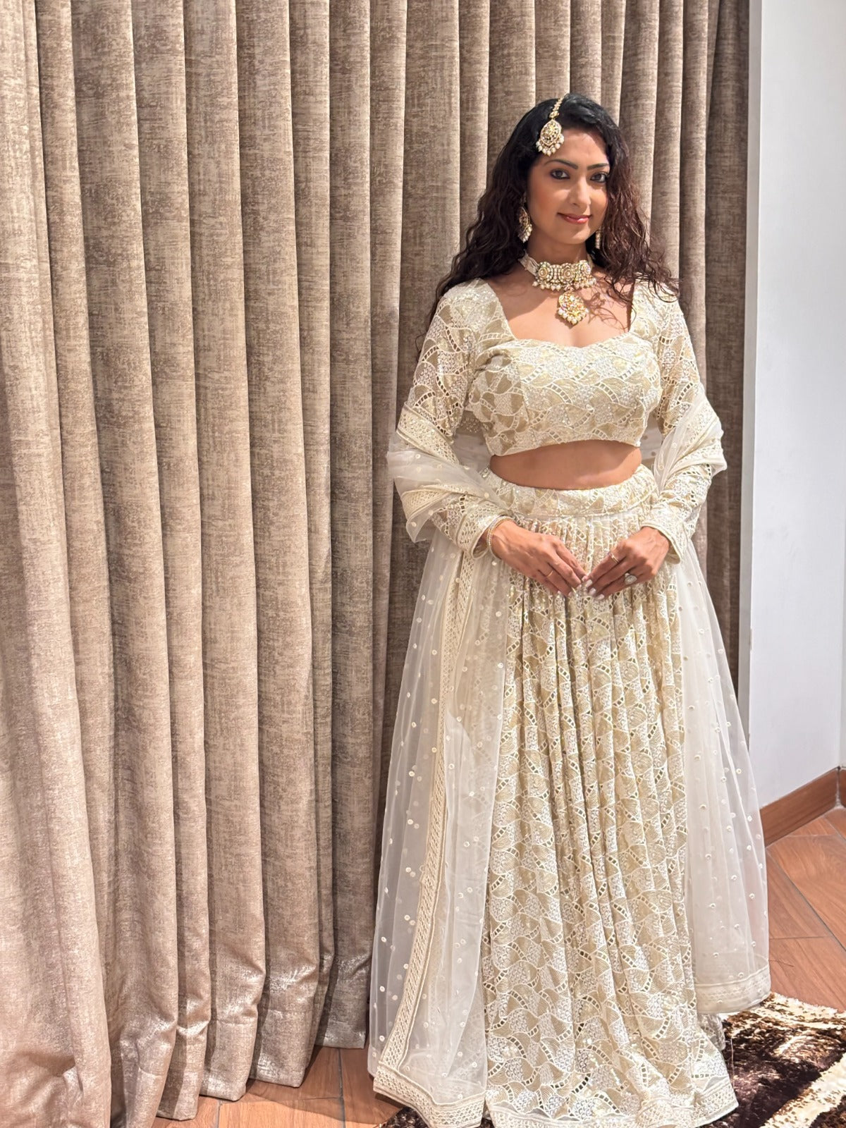Gold Floral Embroidered Net Fabric with Cutwork