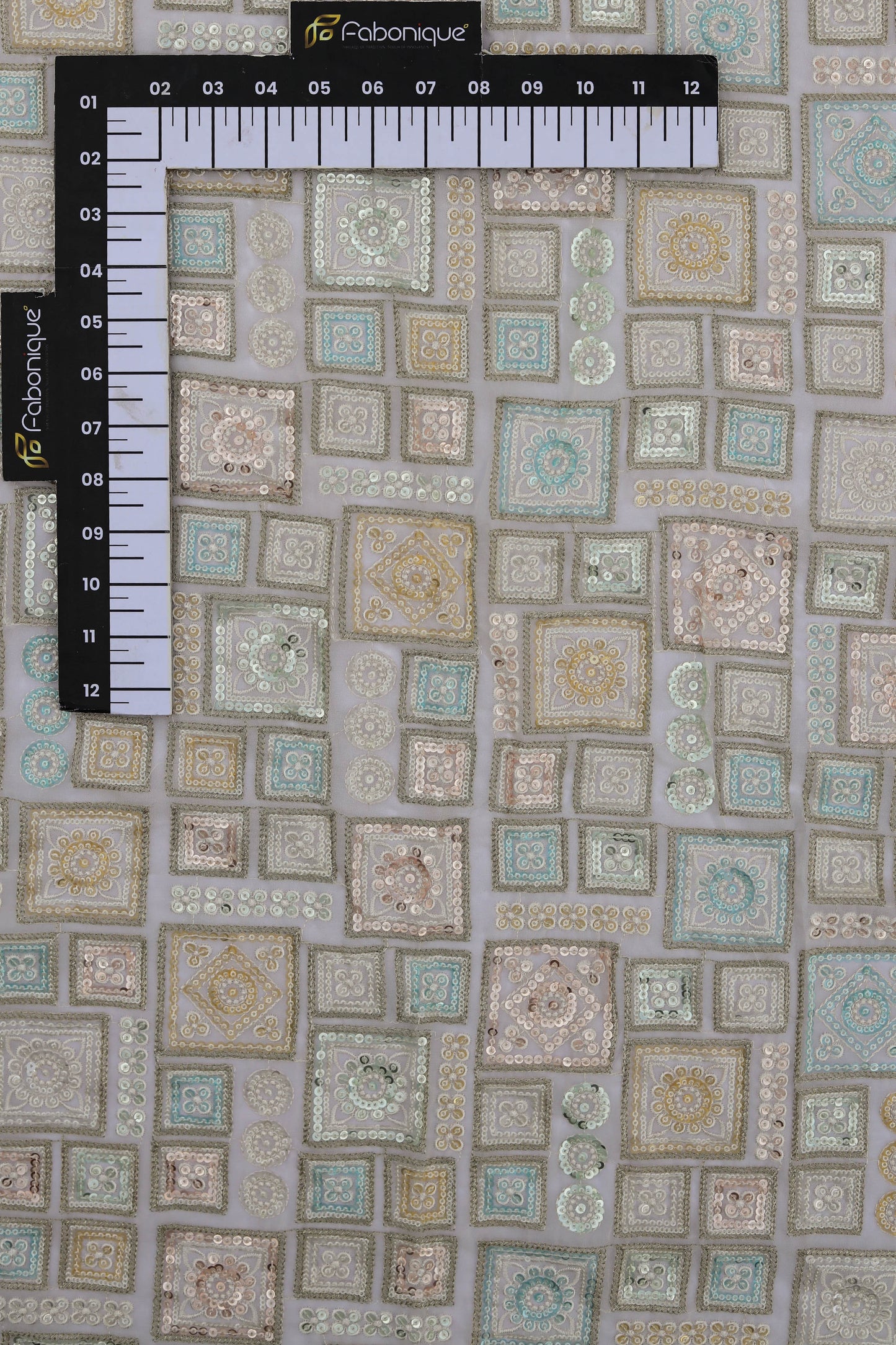 Pastel Multi-Color Square Embroidered Sequin Fabric