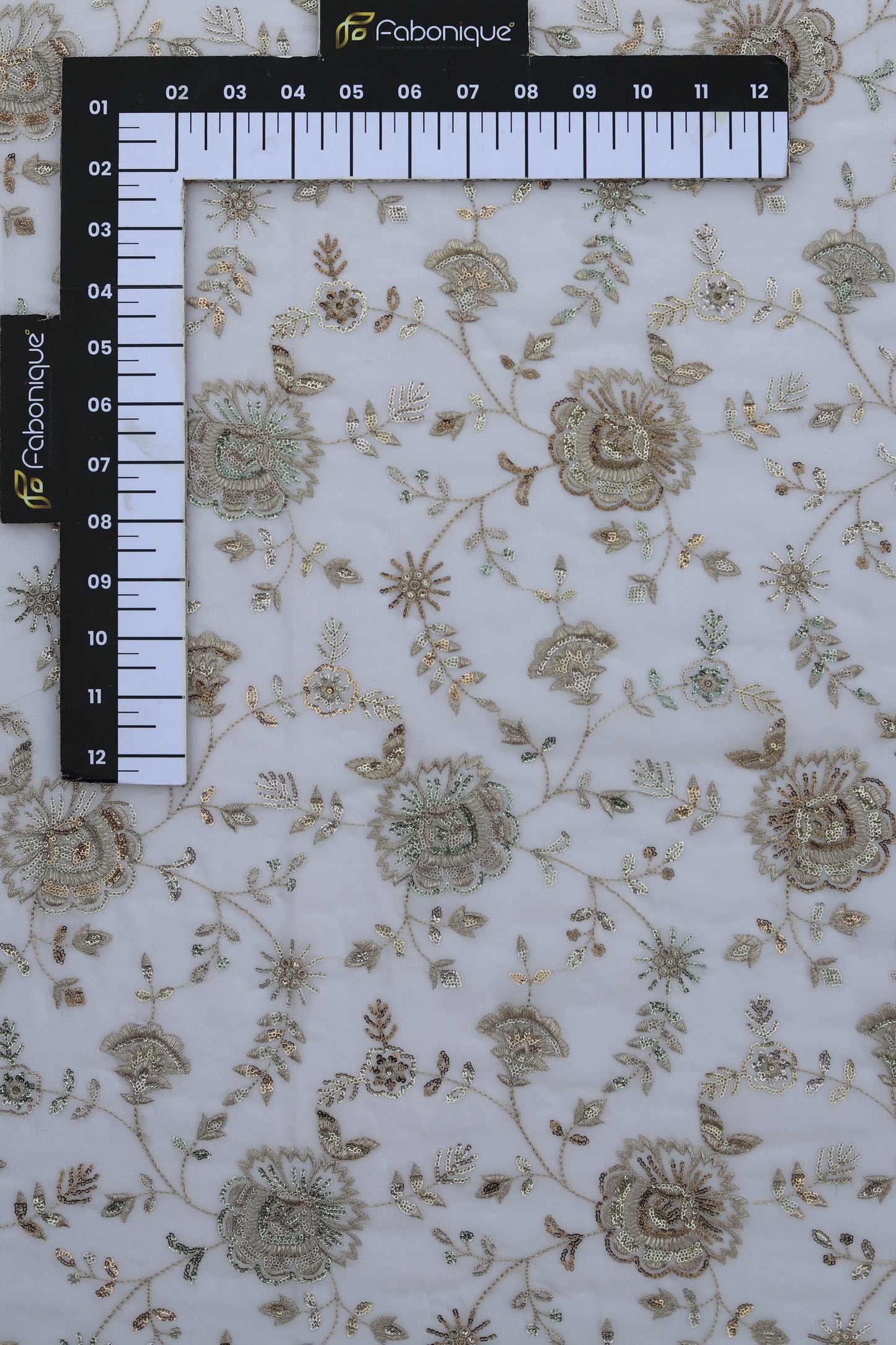 White Floral Embroidered Fabric with Gold Detailing