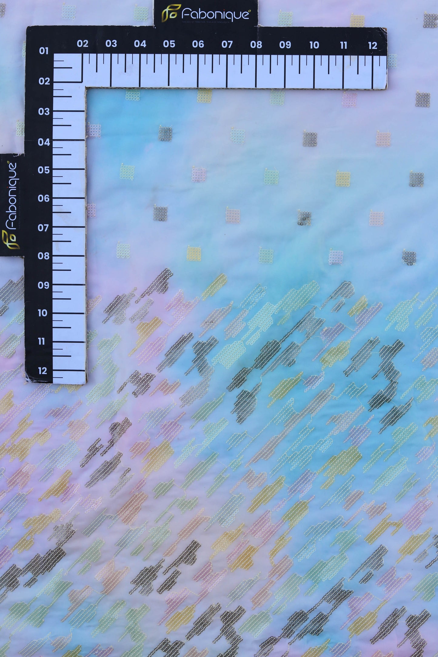 Ombre Blue Pastel Embroidered Fabric with Sequins