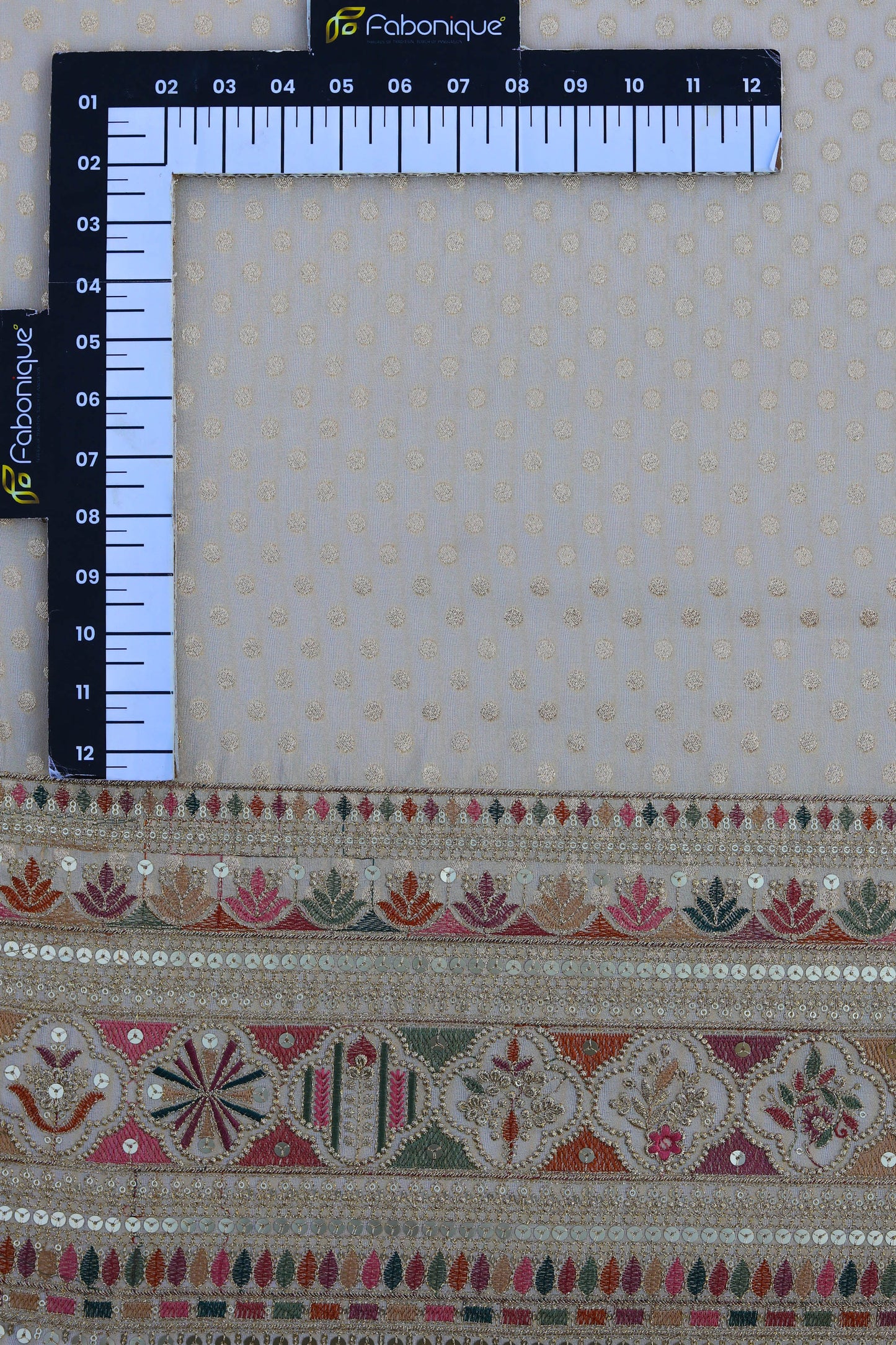 Pure Banarasi Tissue Brocade Fabric with Embroidered Polka Dots and Sequined Border