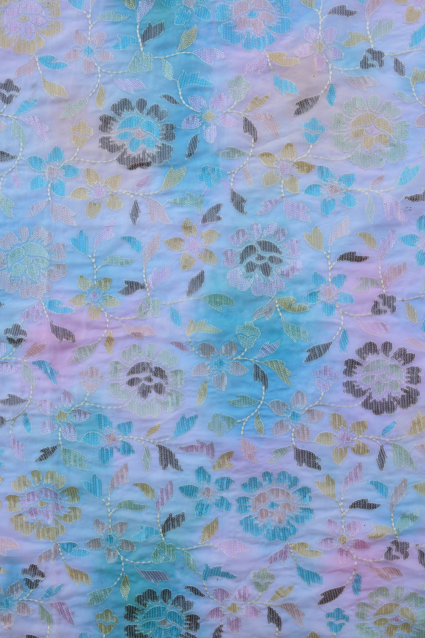 Ombre Blue Floral Embroidered Fabric with Sequins