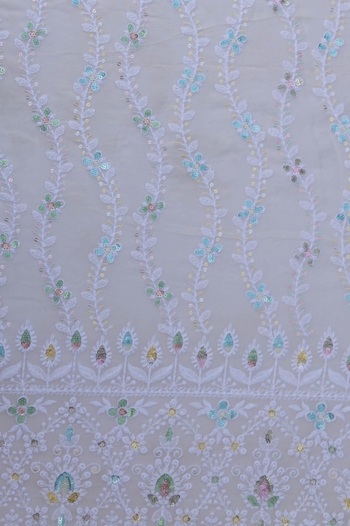 Vertical Floral Sequin Embroidered Fabric with Ornate Border