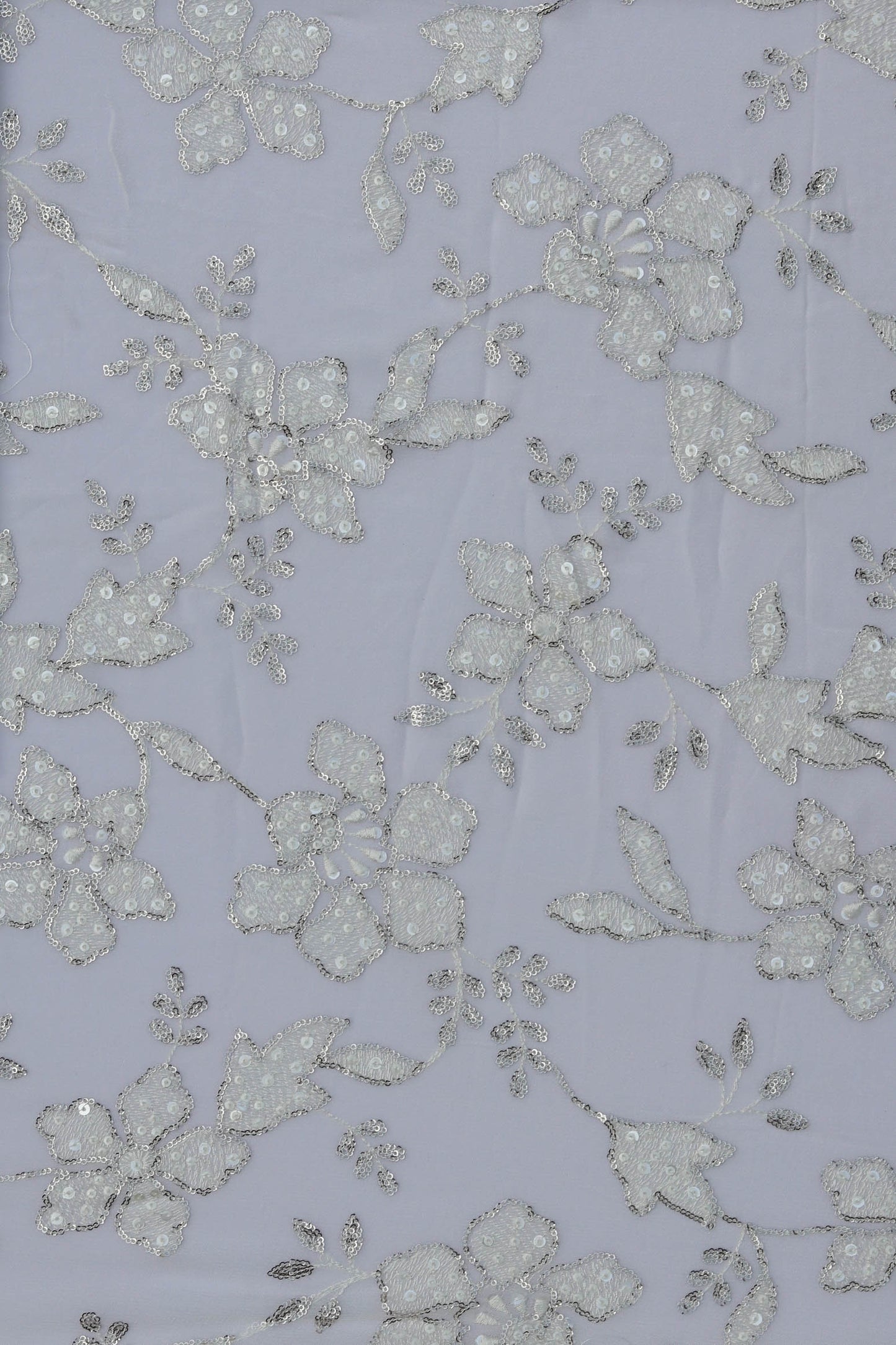 White Floral Embroidered Fabric with Silver Sequin Detailing