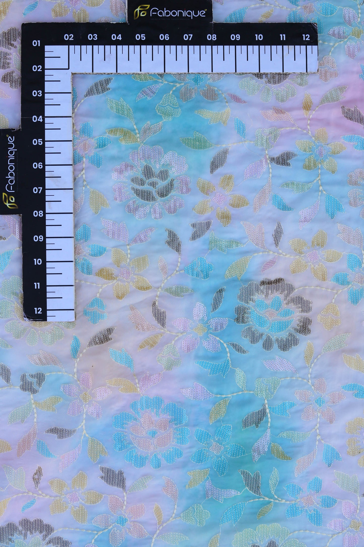 Ombre Blue Floral Embroidered Fabric with Sequins