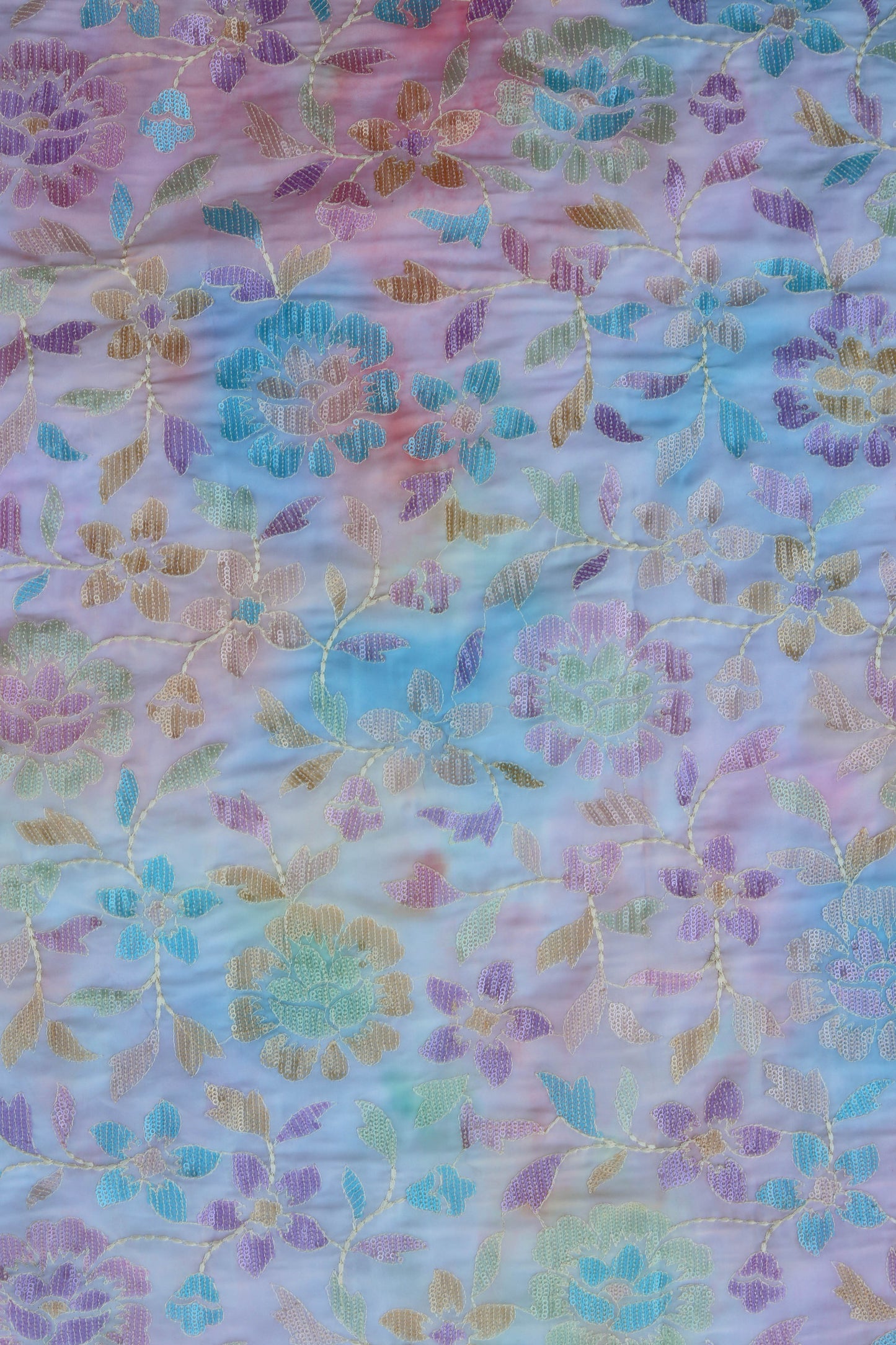 Ombre Blue Floral Embroidered Fabric with Sequins