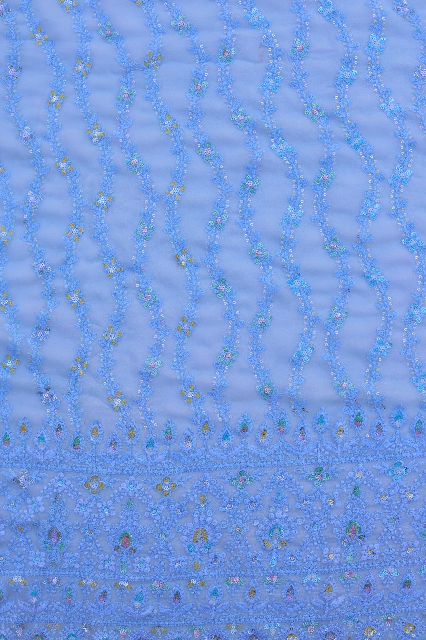 Vertical Floral Sequin Embroidered Fabric with Ornate Border