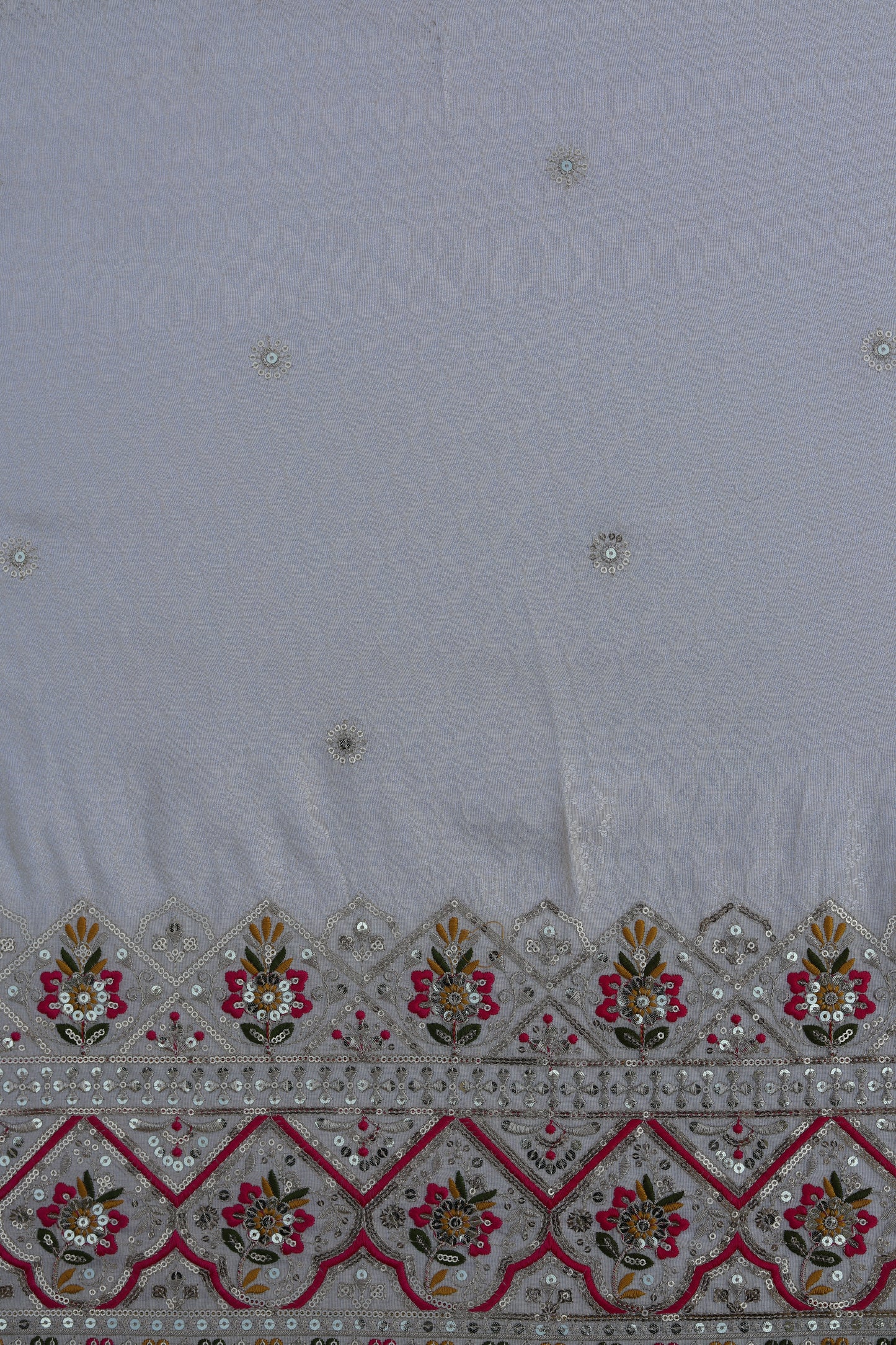 Banarasi Tissue Brocade Fabric with Floral Embroidery and Colorful Border