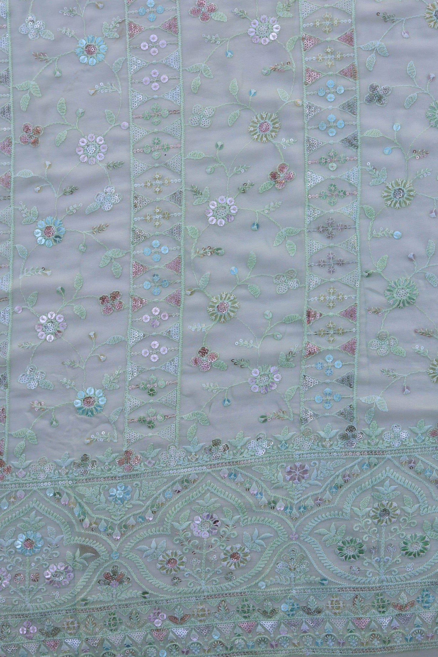 Floral Sequin Embroidered Fabric with Ornate Border