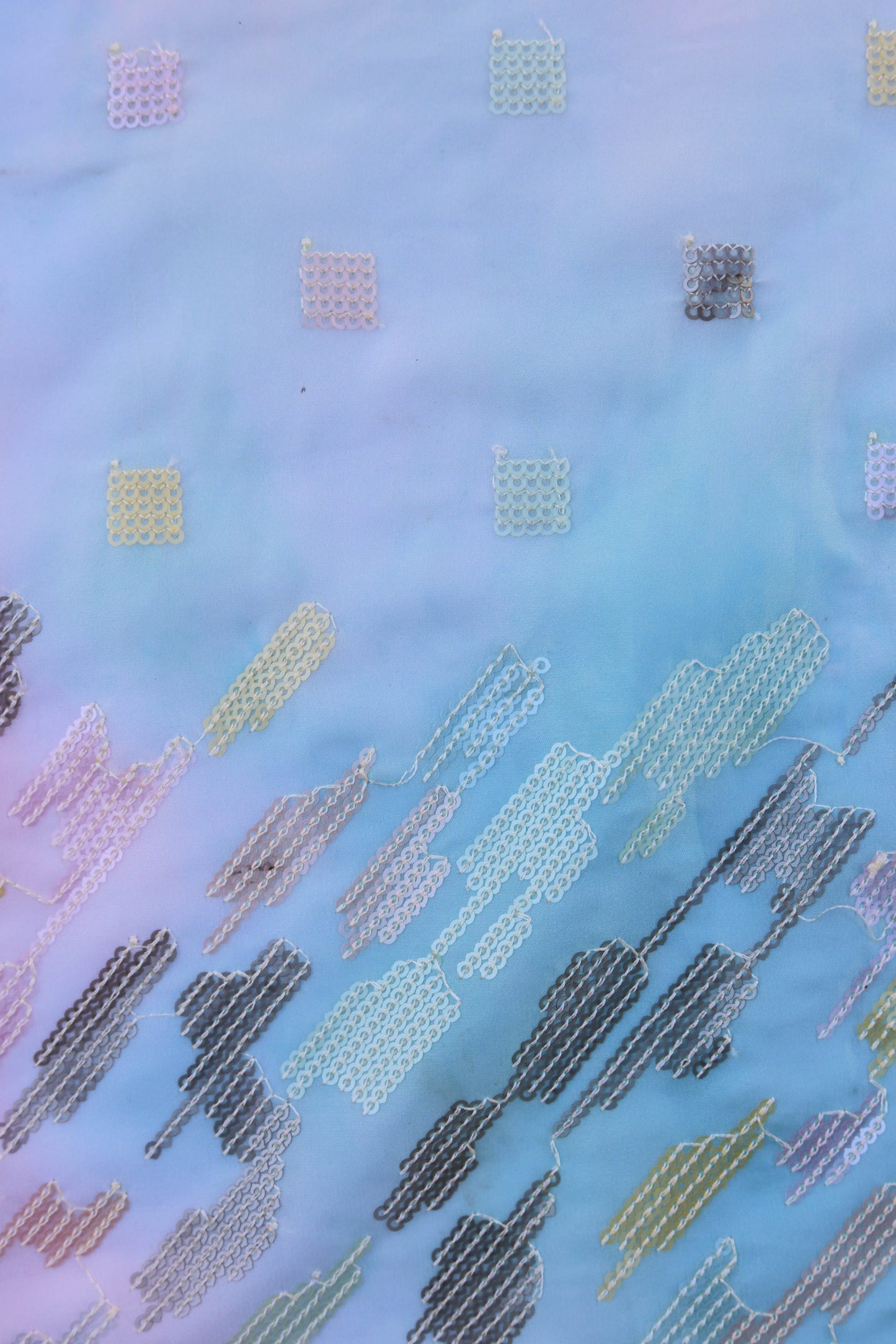 Ombre Blue Pastel Embroidered Fabric with Sequins