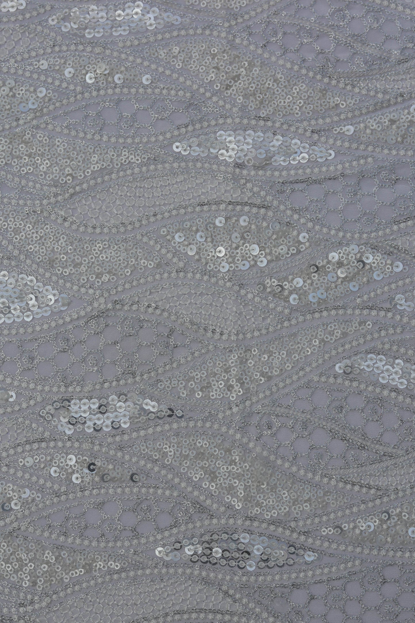 White Wave Pattern Embroidered Fabric with Sequins