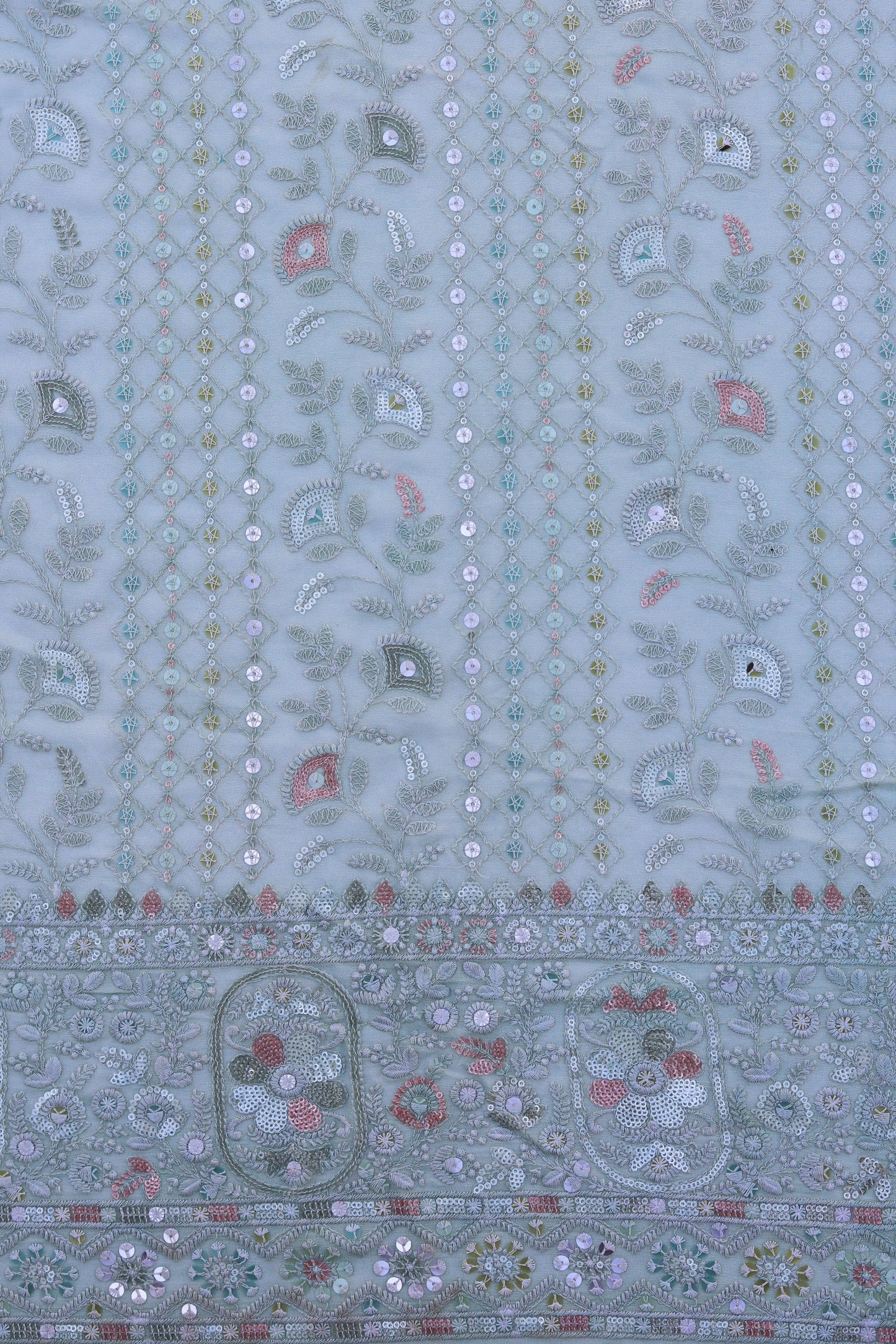 Luxurious Embroidered Sequin Fabric with Ornate Border