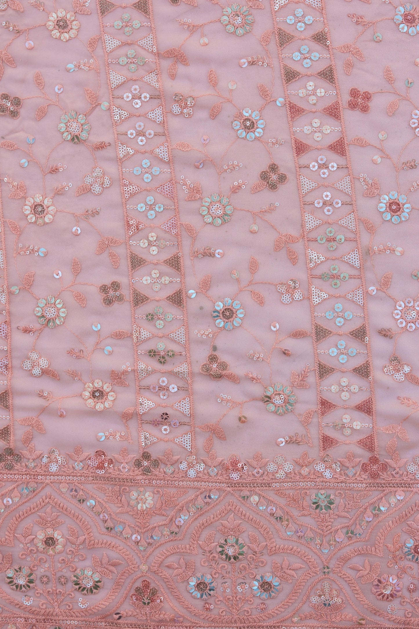 Floral Sequin Embroidered Fabric with Ornate Border