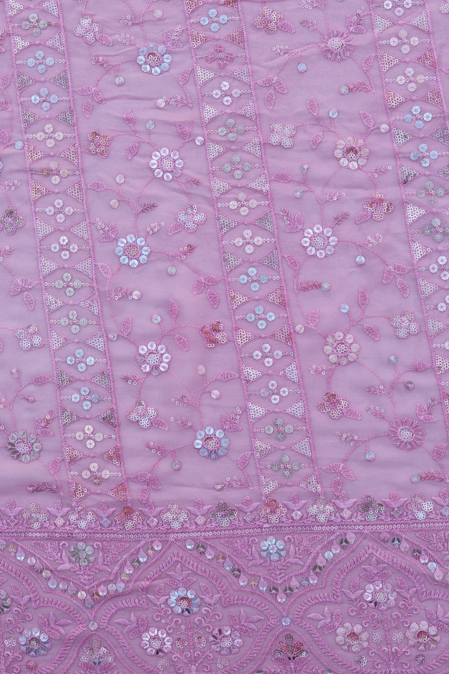 Floral Sequin Embroidered Fabric with Ornate Border