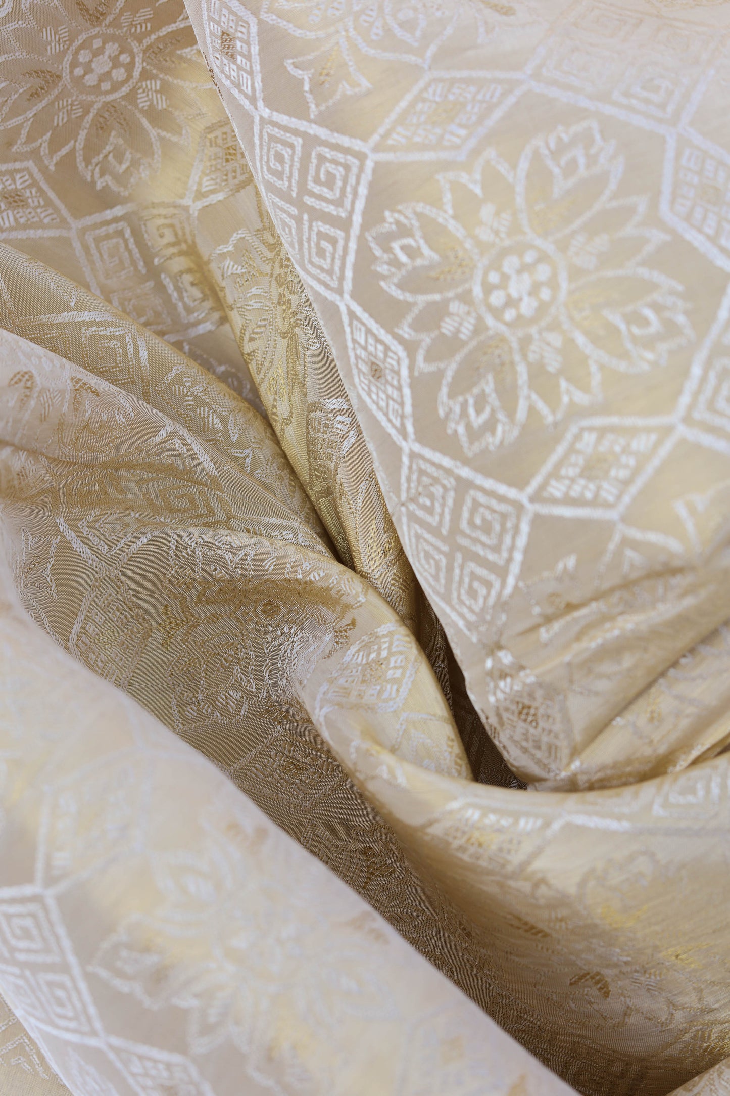 Pure Tanchoi Silk Floral Fabric with Ornate Geometric Design and Lustrous Finish
