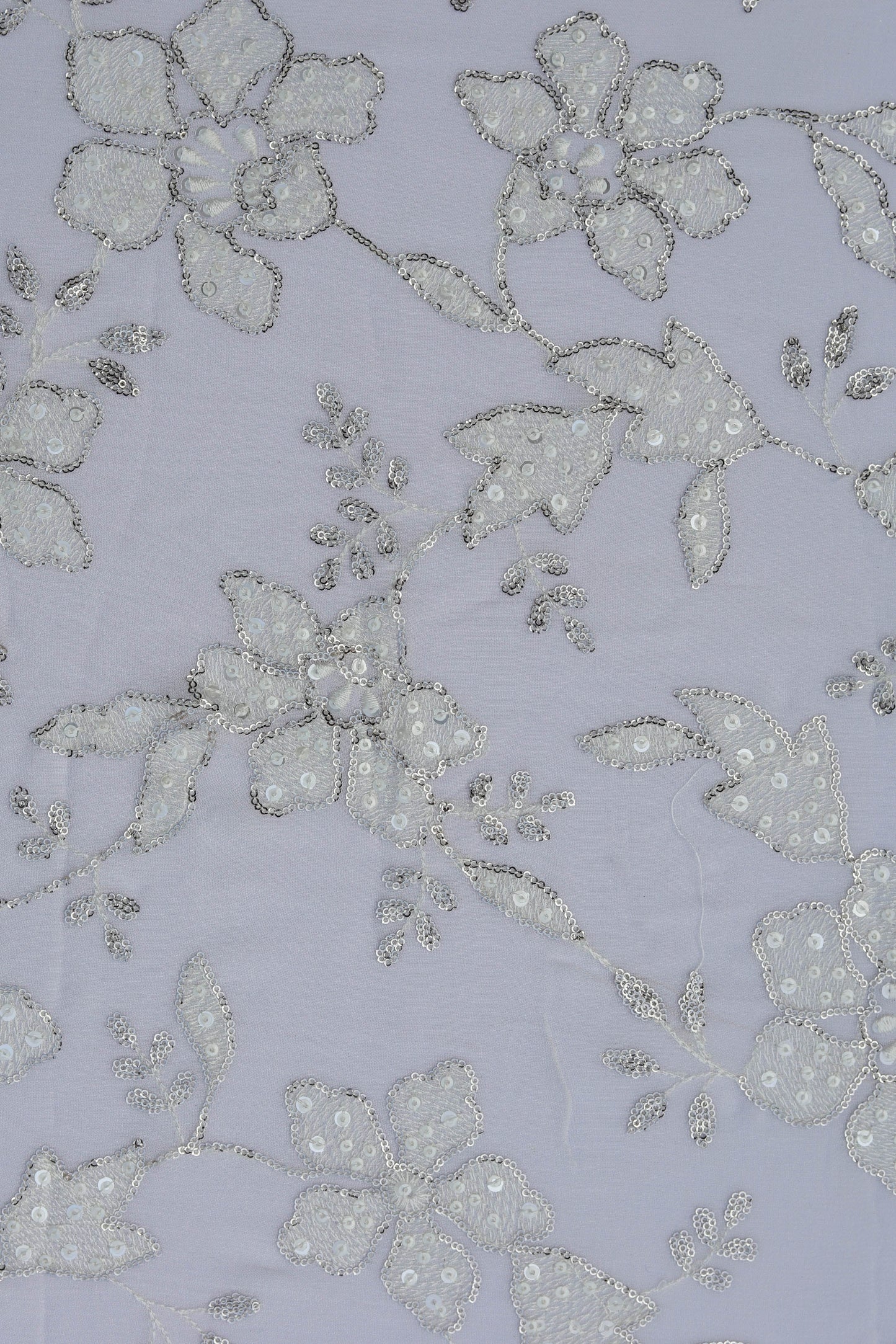 White Floral Embroidered Fabric with Silver Sequin Detailing