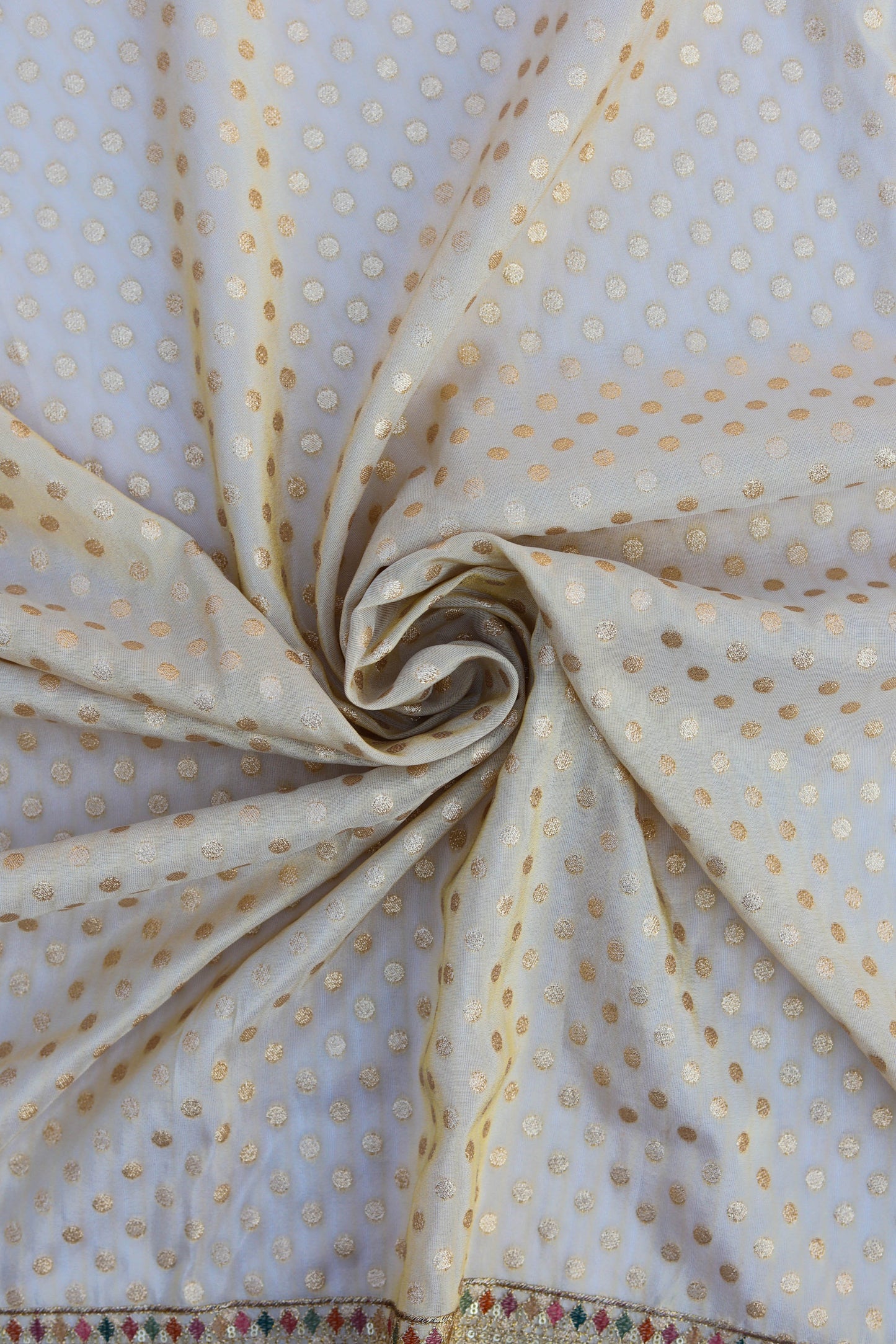 Pure Banarasi Tissue Brocade Fabric with Embroidered Polka Dots and Sequined Border