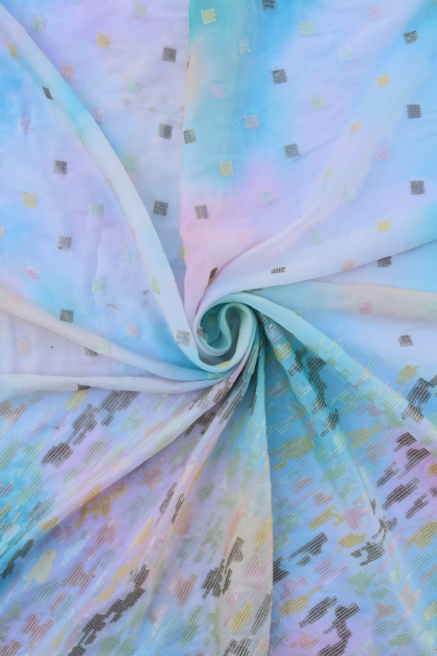 Ombre Blue Pastel Embroidered Fabric with Sequins