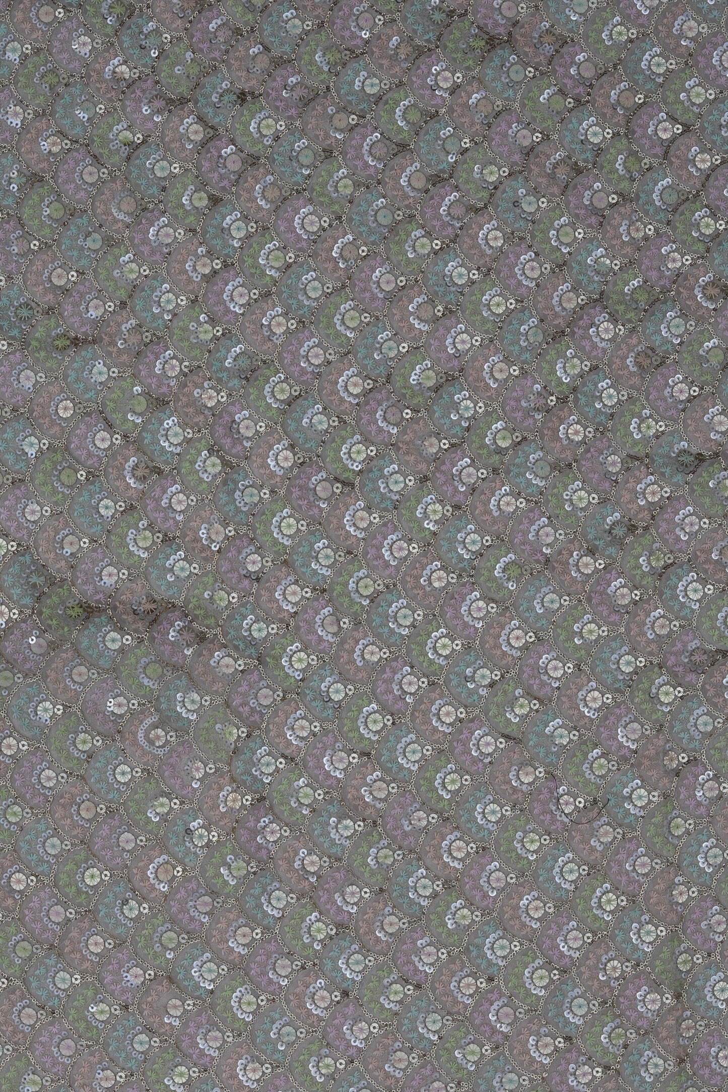 Pastel Accented Embroidered Fabric with Sequin Highlights