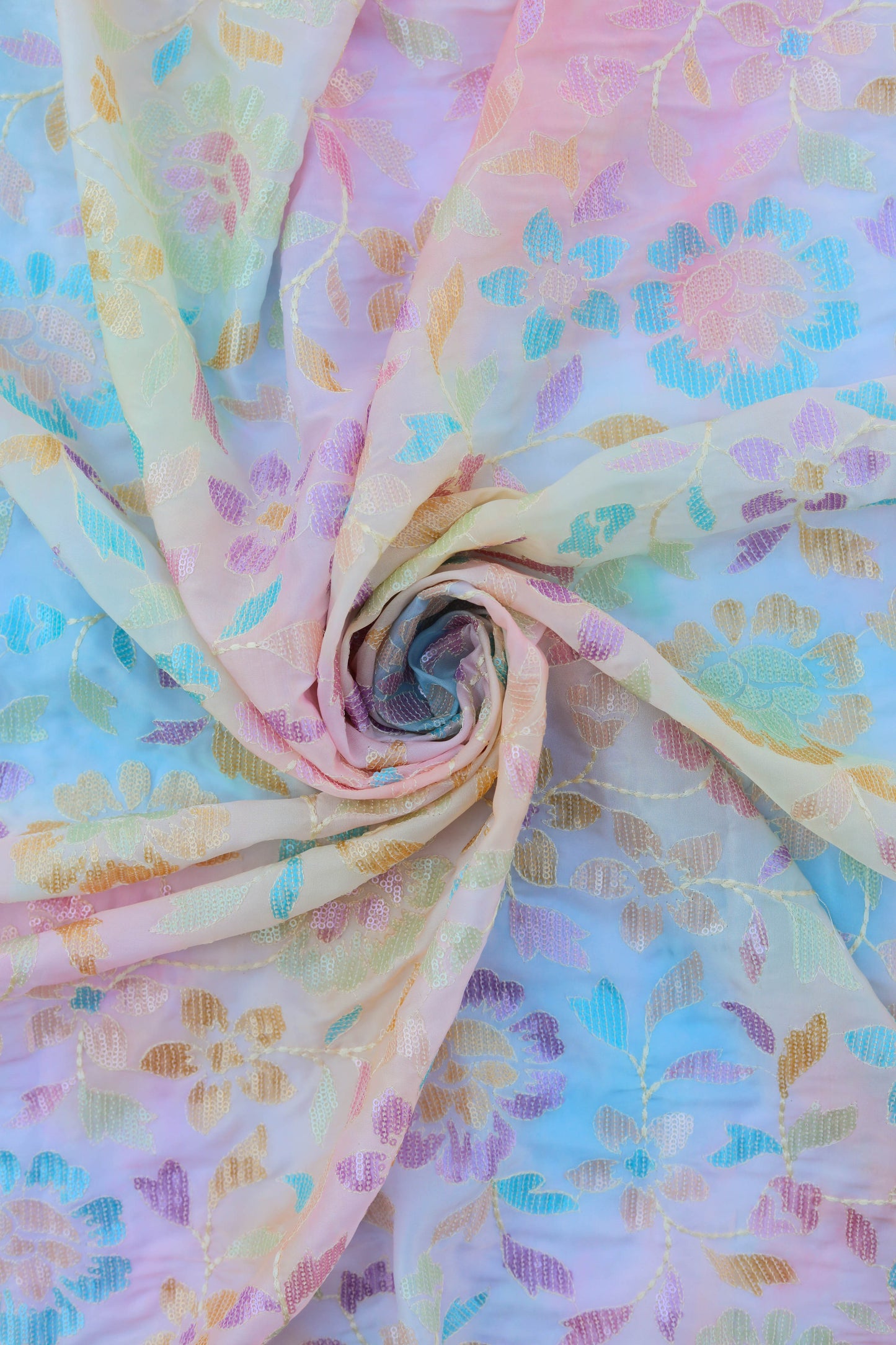 Ombre Blue Floral Embroidered Fabric with Sequins