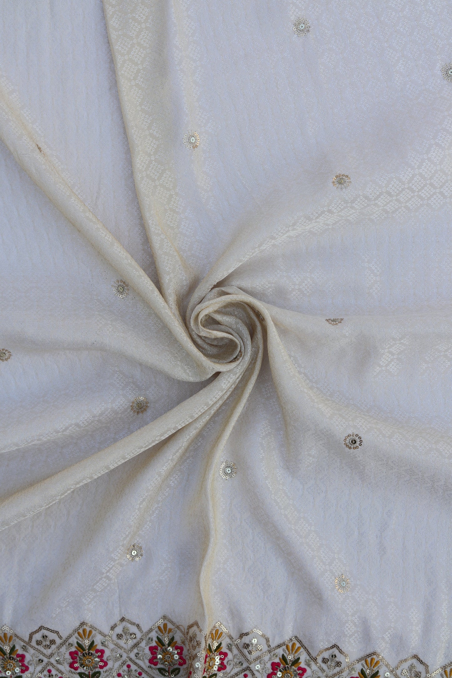 Banarasi Tissue Brocade Fabric with Floral Embroidery and Colorful Border