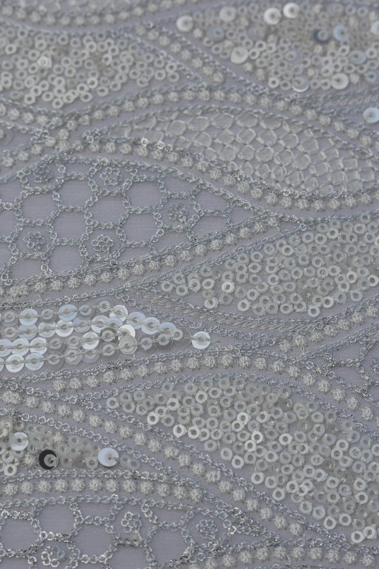 White Wave Pattern Embroidered Fabric with Sequins