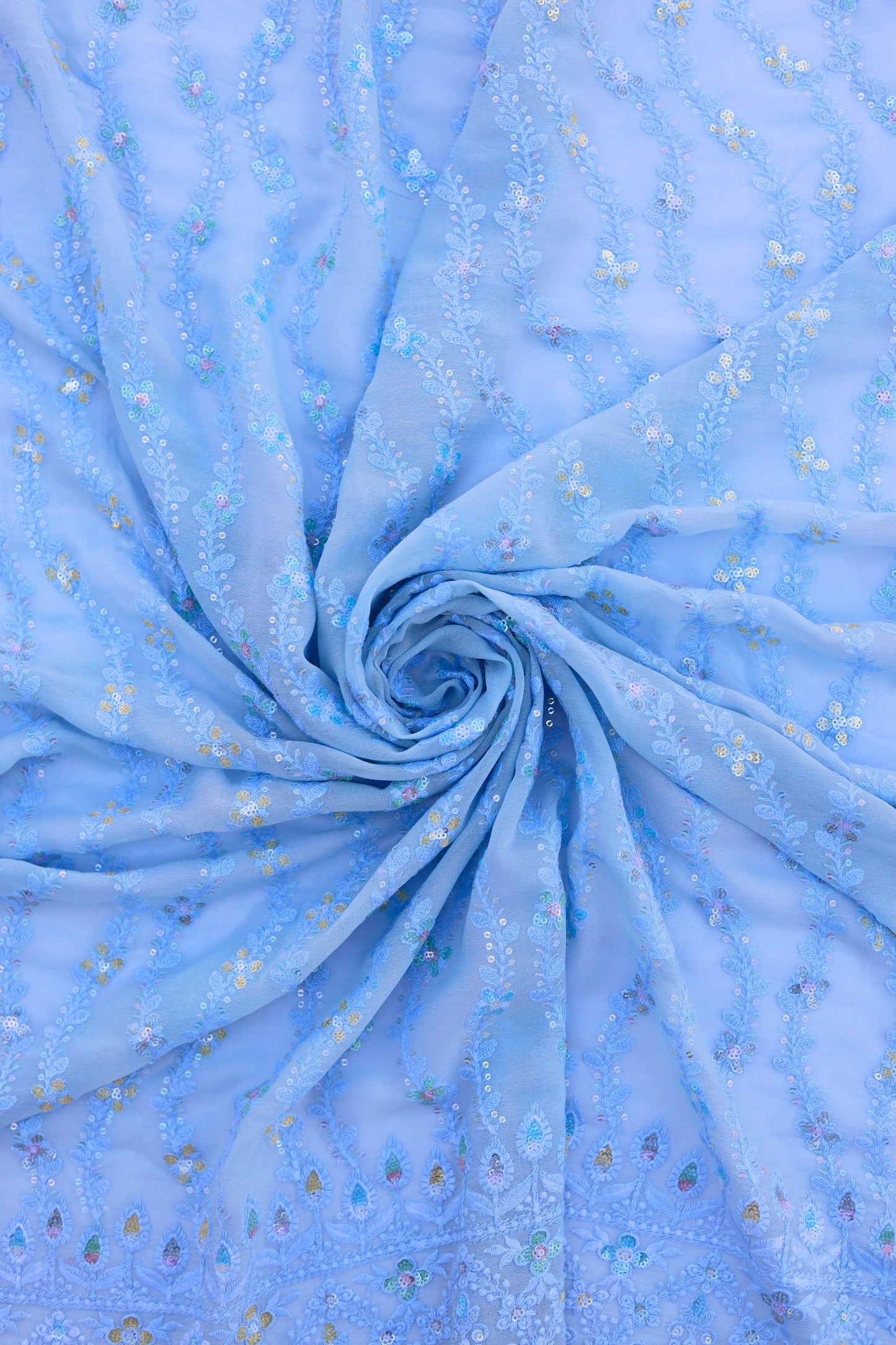 Vertical Floral Sequin Embroidered Fabric with Ornate Border