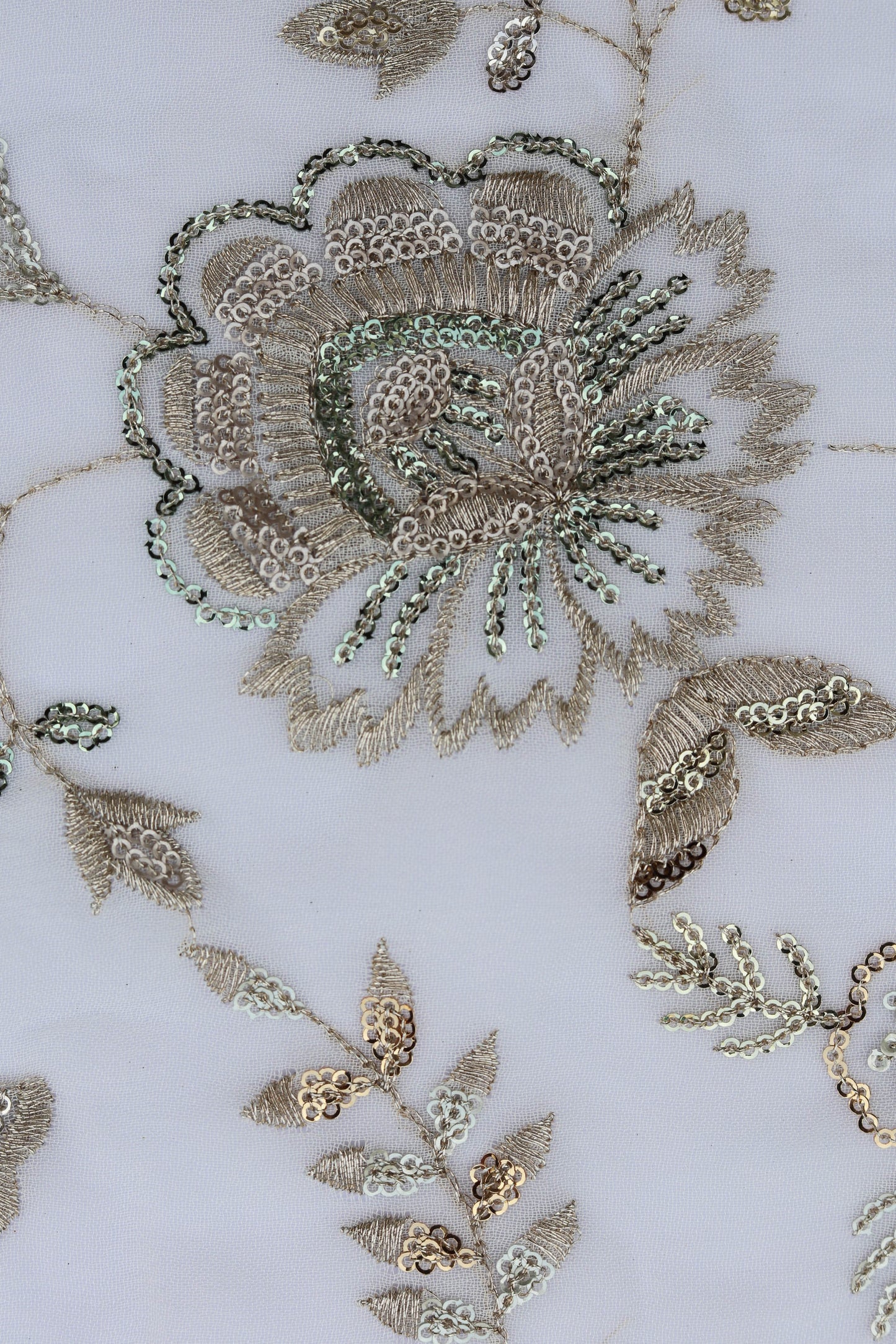 White Floral Embroidered Fabric with Gold Detailing