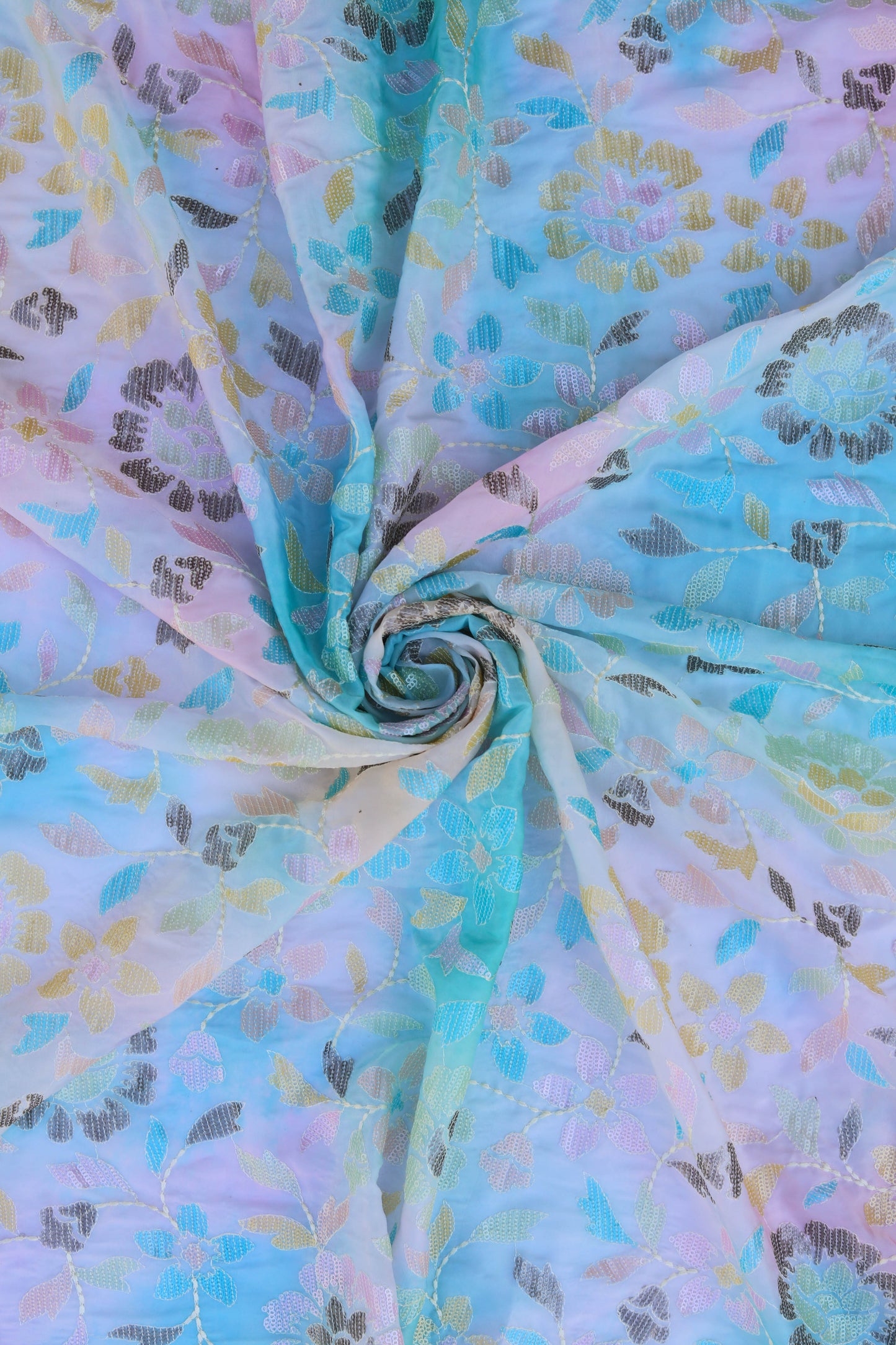 Ombre Blue Floral Embroidered Fabric with Sequins