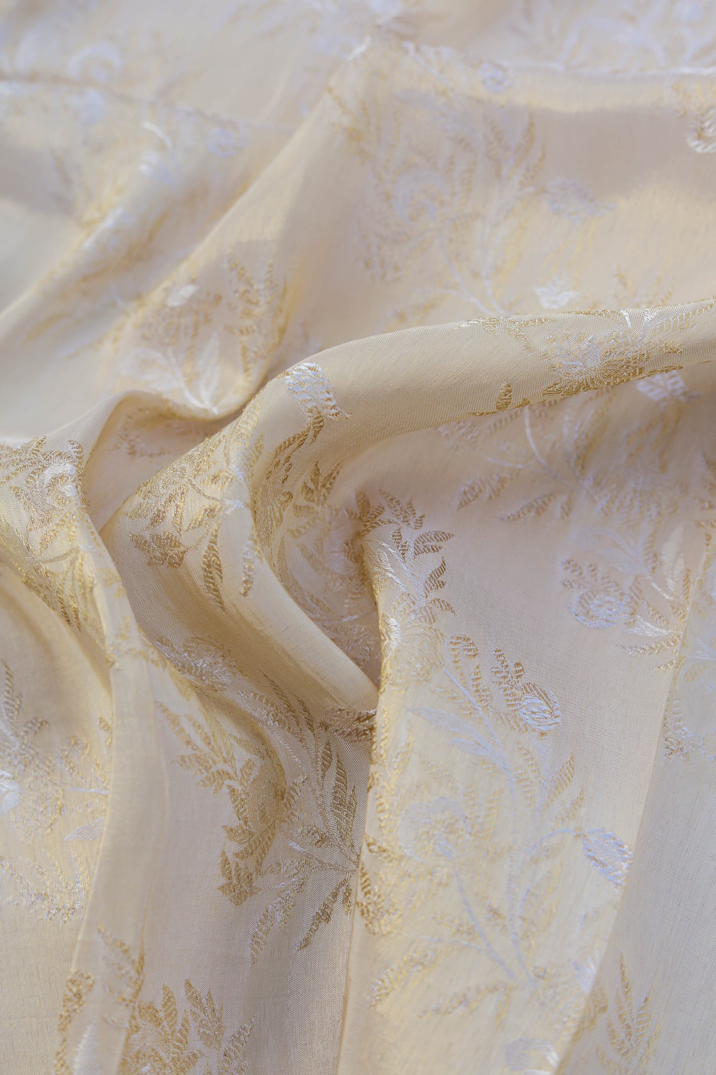 Golden Woven Pure Tanchoi Silk Floral Brocade Fabric