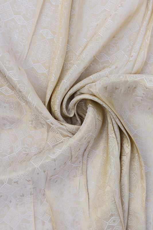 Pure Tanchoi Silk Floral Fabric with Ornate Geometric Design and Lustrous Finish