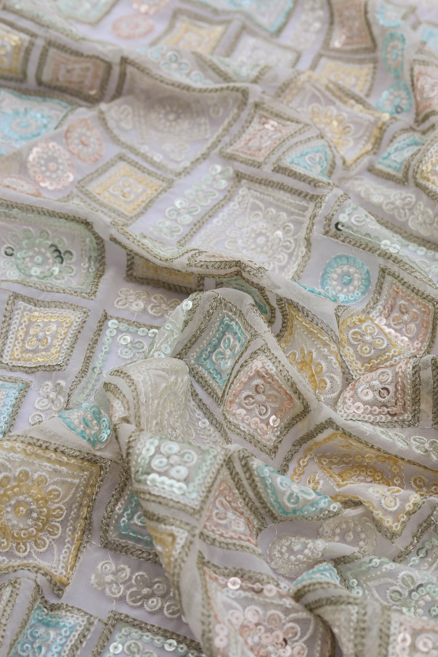 Pastel Multi-Color Square Embroidered Sequin Fabric