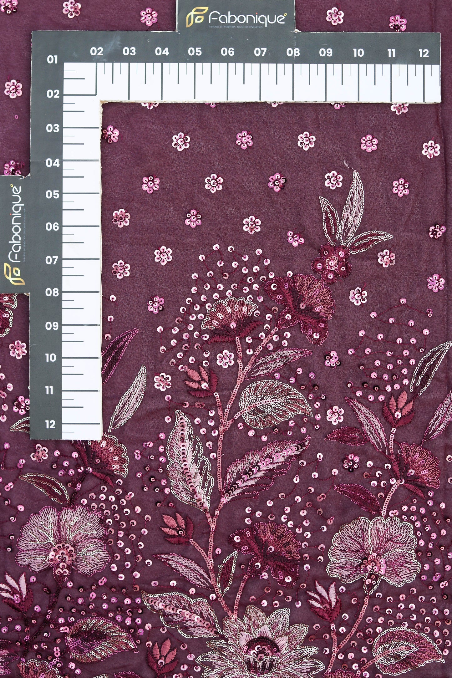 Plum Elegance Heavy Floral Sequin Embroidered Fabric